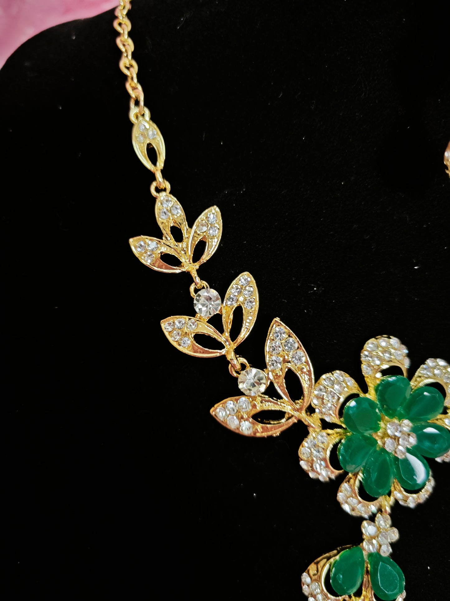 Gilded Emerald & Crystal Floral Necklace & Earring Set