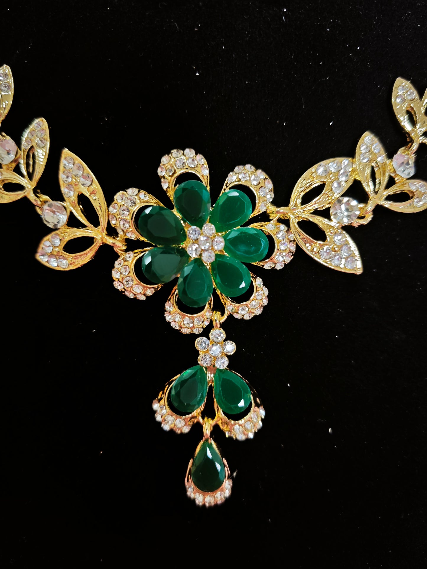 Gilded Emerald & Crystal Floral Necklace & Earring Set