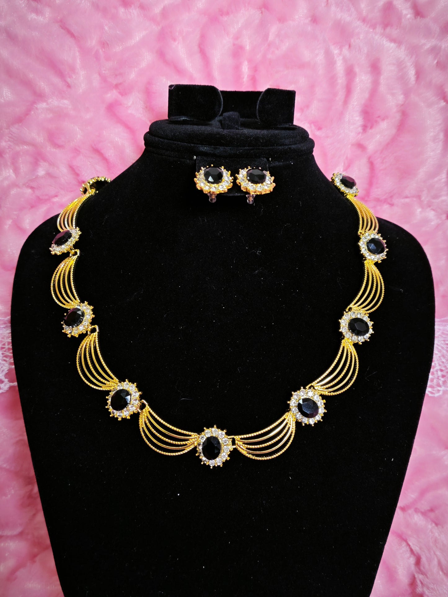 Gilded Black Diamond & Crystal Woven Necklace & Earring Set