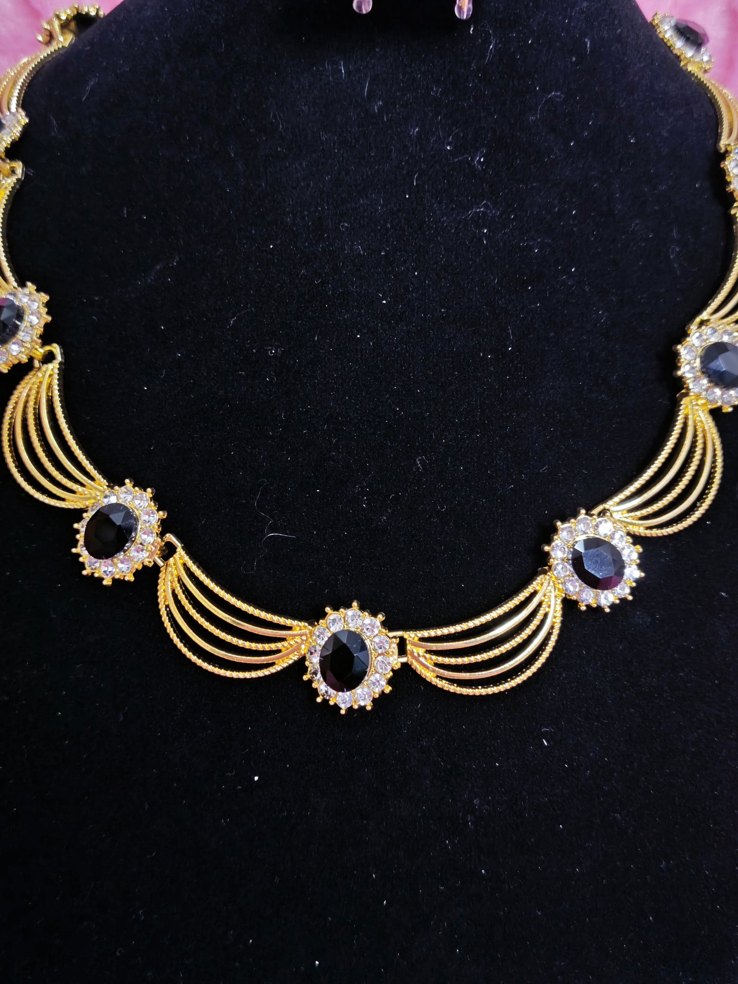 Gilded Black Diamond & Crystal Woven Necklace & Earring Set