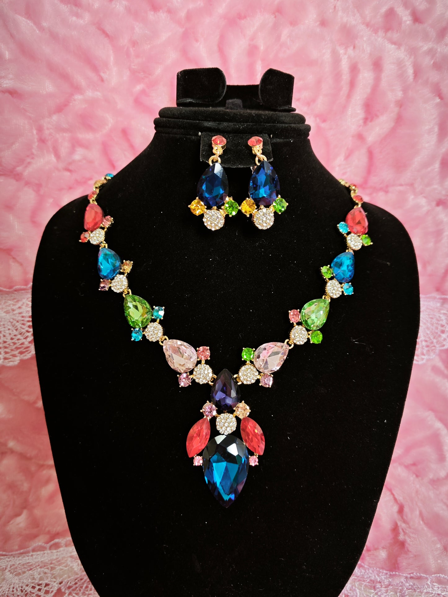 Gilded Multi-Color Crystal Drop Necklace & Earring Set
