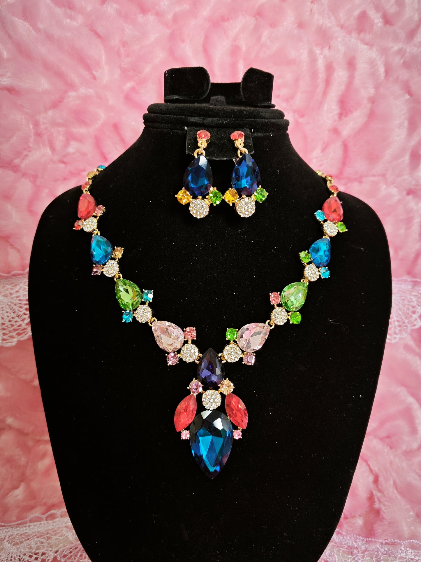 Gilded Multi-Color Crystal Drop Necklace & Earring Set
