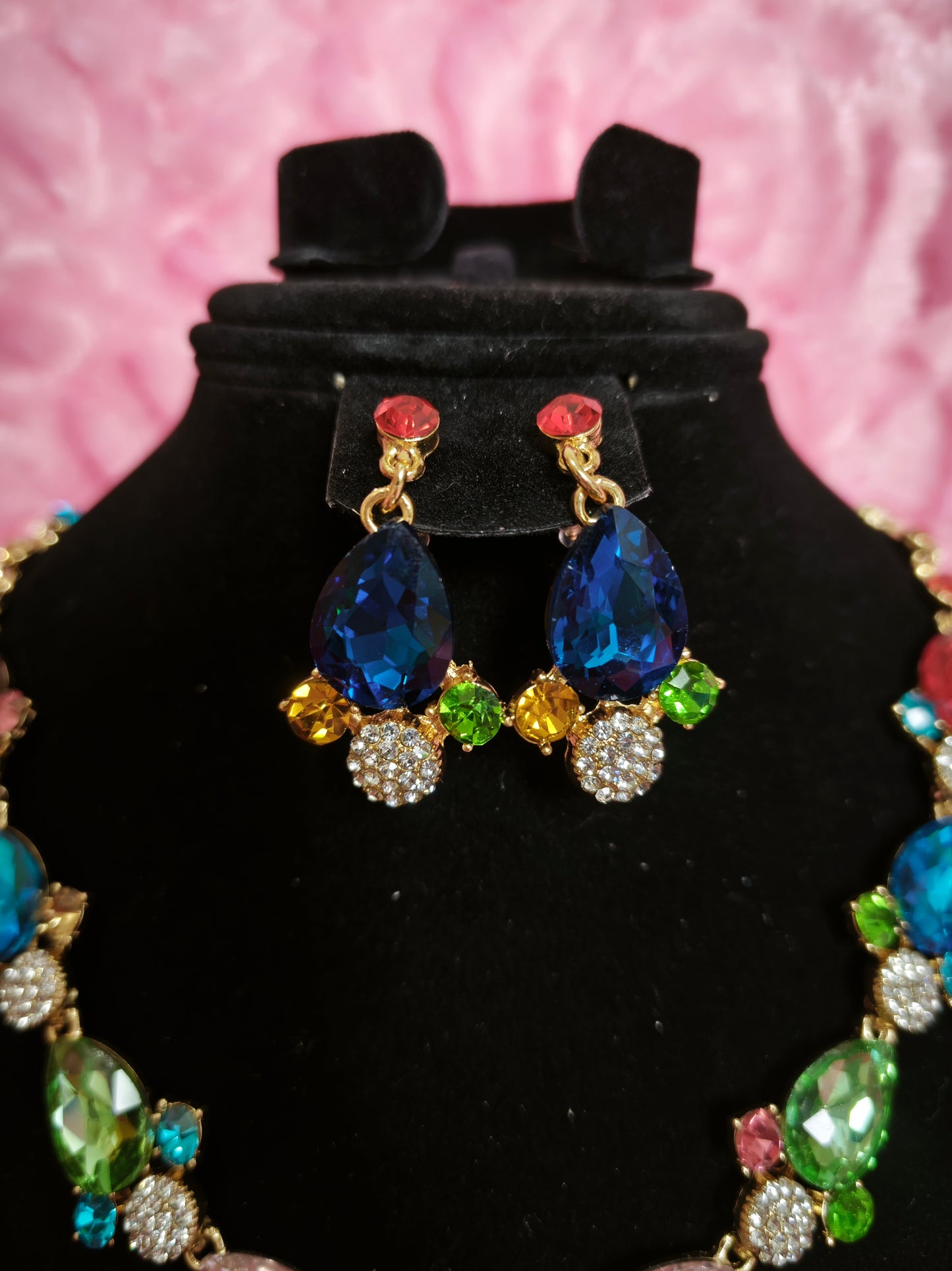 Gilded Multi-Color Crystal Drop Necklace & Earring Set
