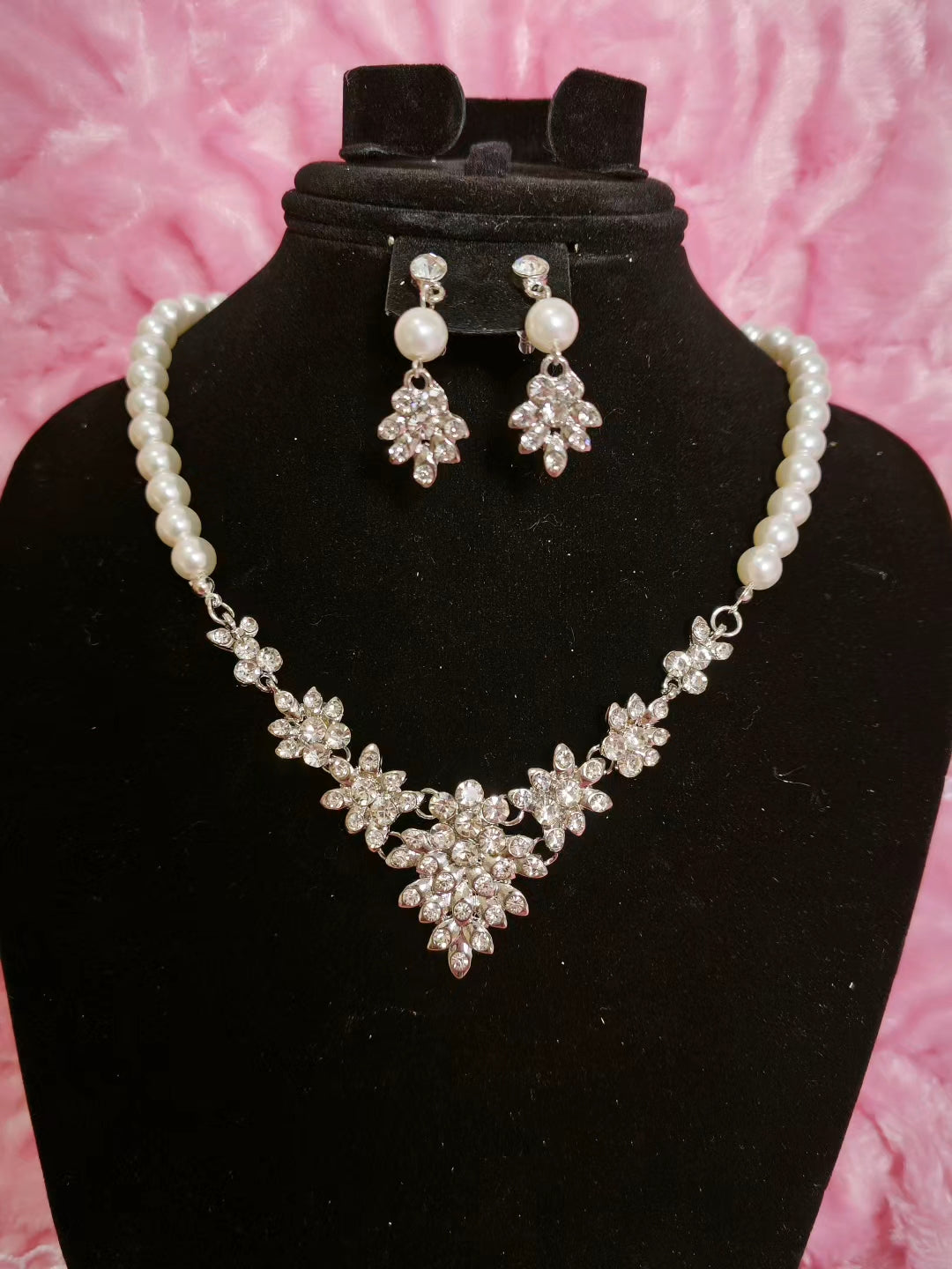 Silver Pearl & Crystal Floral Statement Necklace & Earring Set