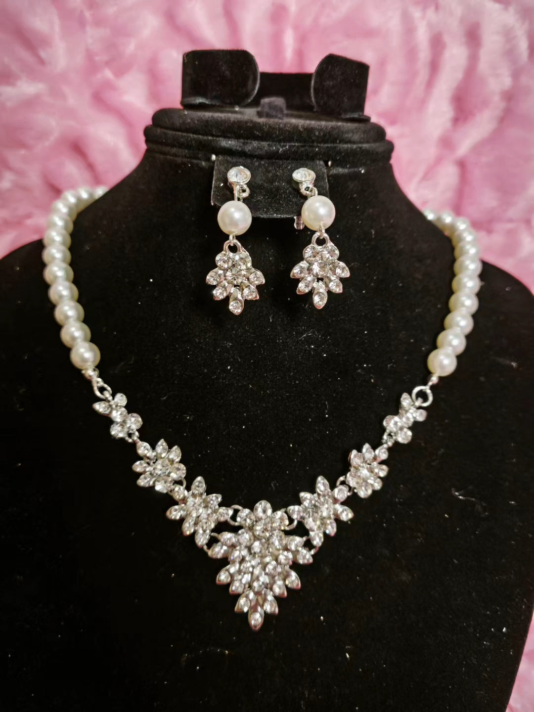 Silver Pearl & Crystal Floral Statement Necklace & Earring Set