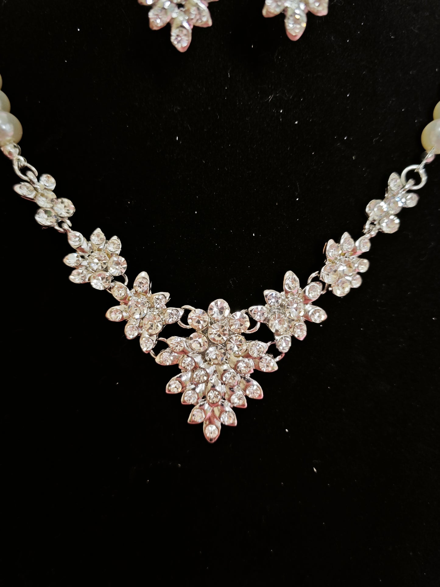 Silver Pearl & Crystal Floral Statement Necklace & Earring Set