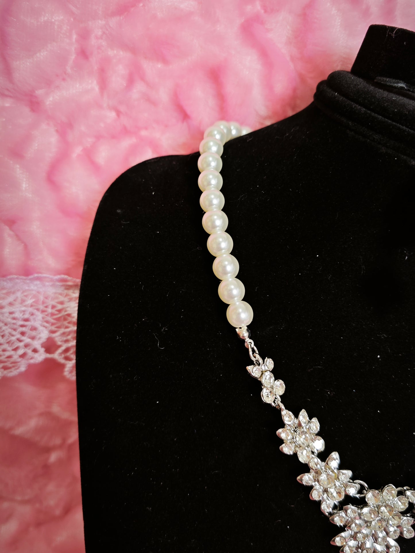 Silver Pearl & Crystal Floral Statement Necklace & Earring Set