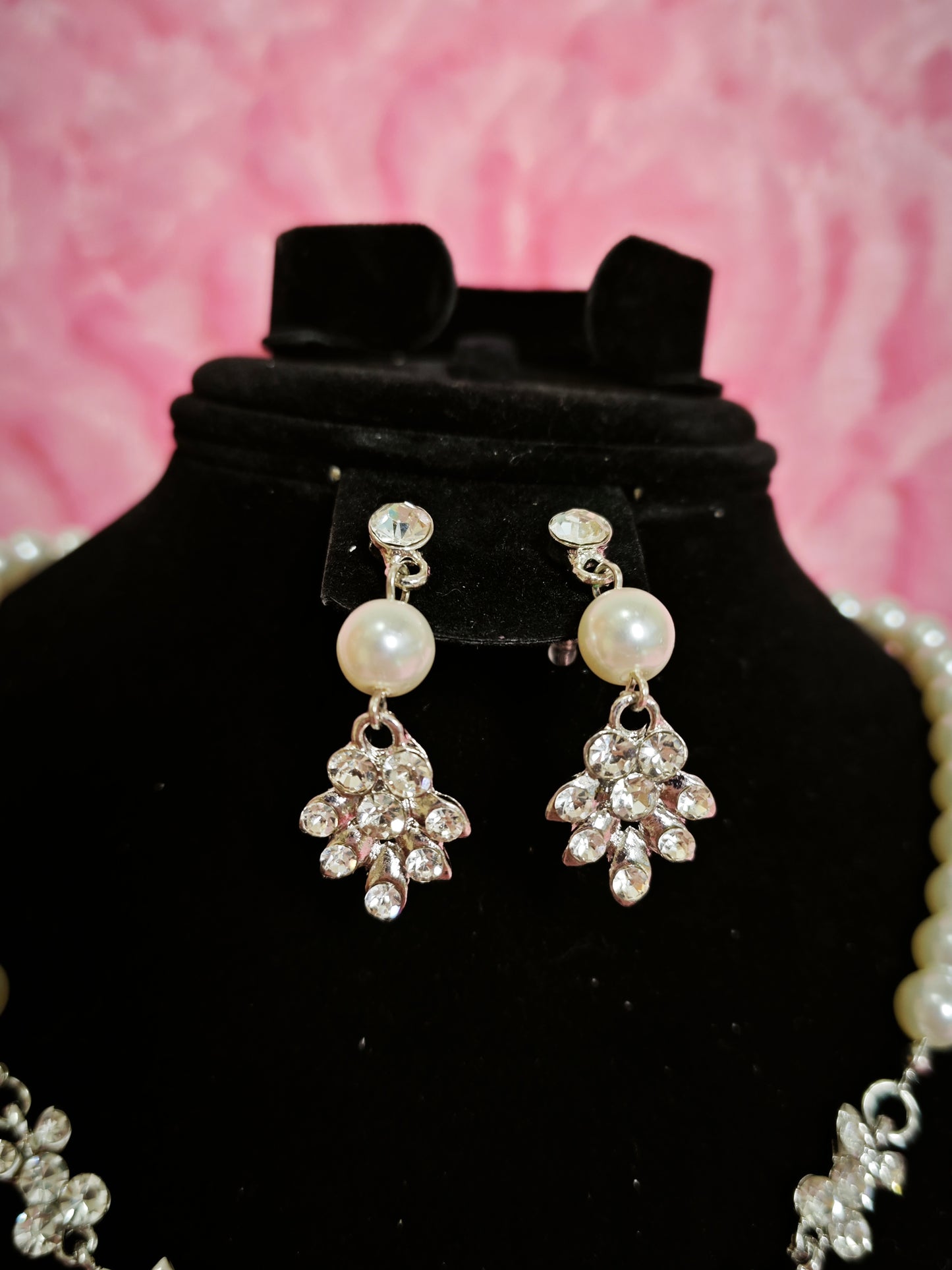Silver Pearl & Crystal Floral Statement Necklace & Earring Set