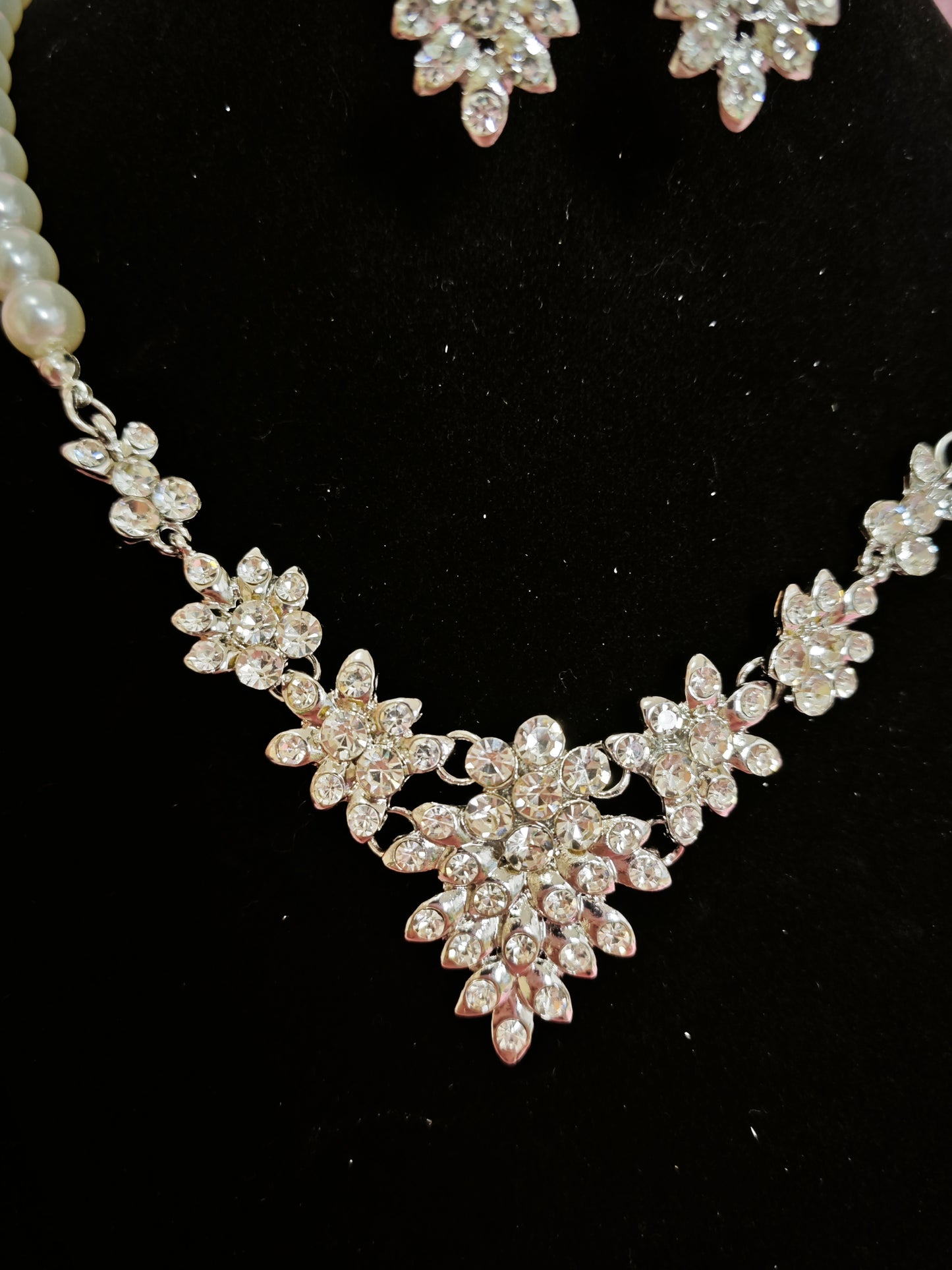 Silver Pearl & Crystal Floral Statement Necklace & Earring Set