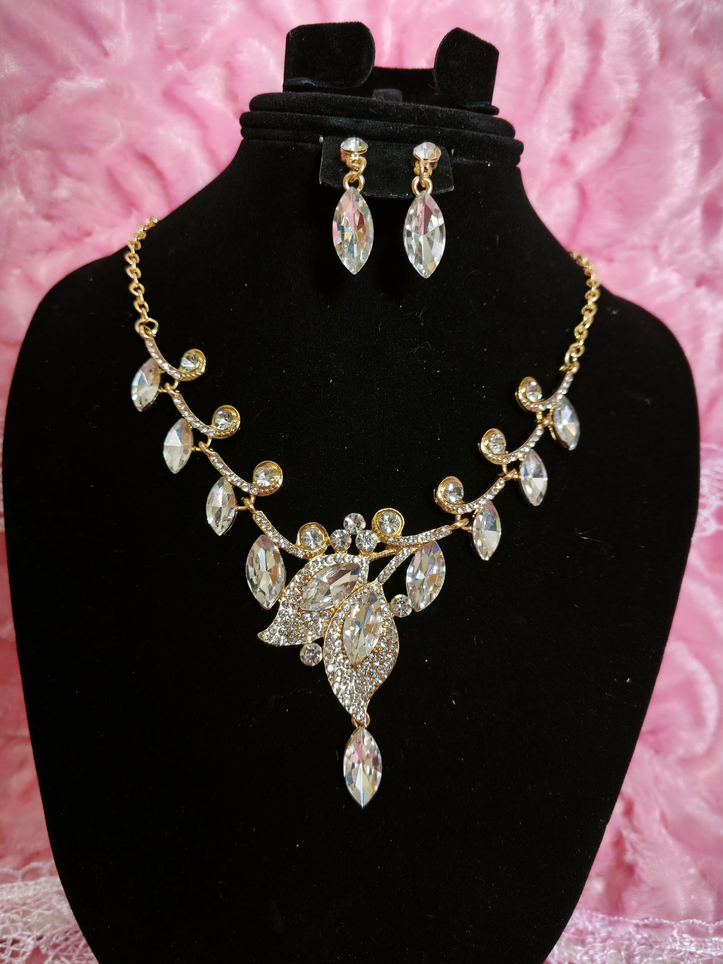 Gilded Crystal Leaf Statement Necklace & Earring Set