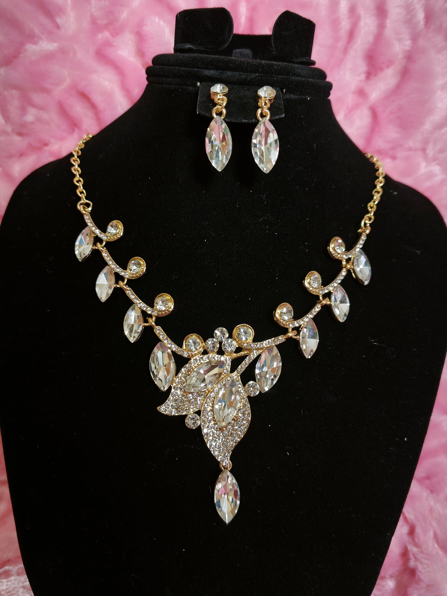 Gilded Crystal Leaf Statement Necklace & Earring Set