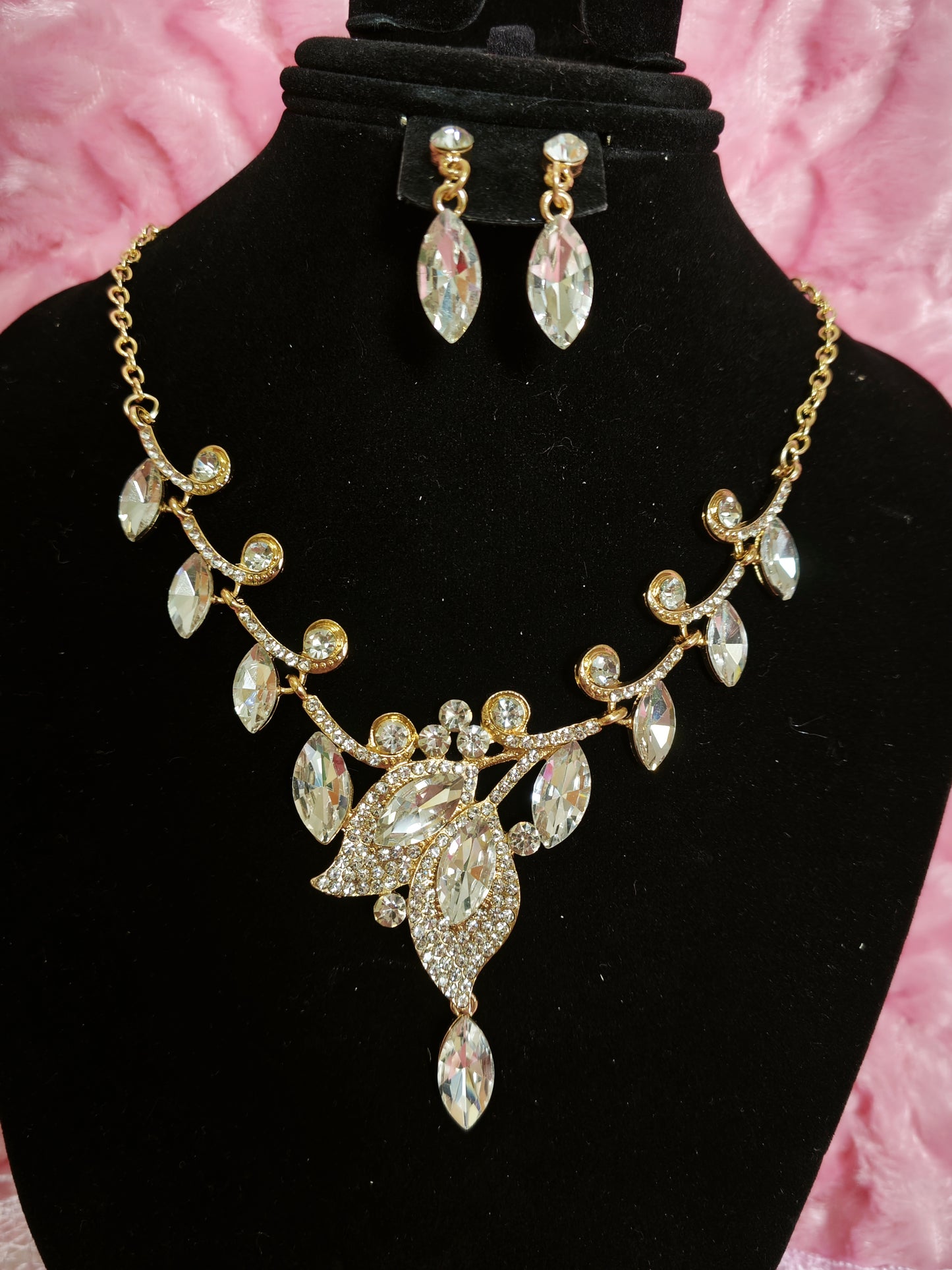Gilded Crystal Leaf Statement Necklace & Earring Set