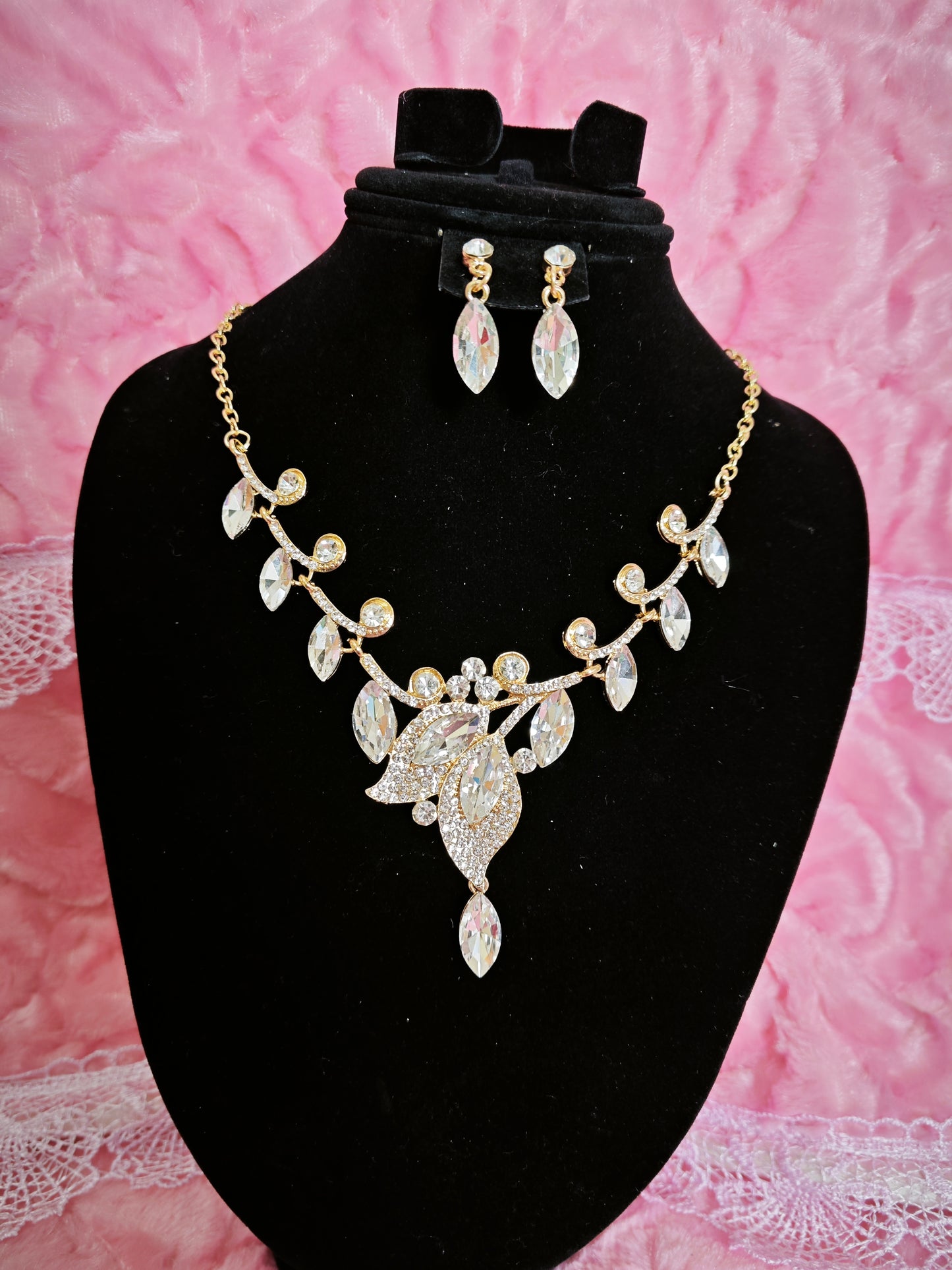Gilded Crystal Leaf Statement Necklace & Earring Set