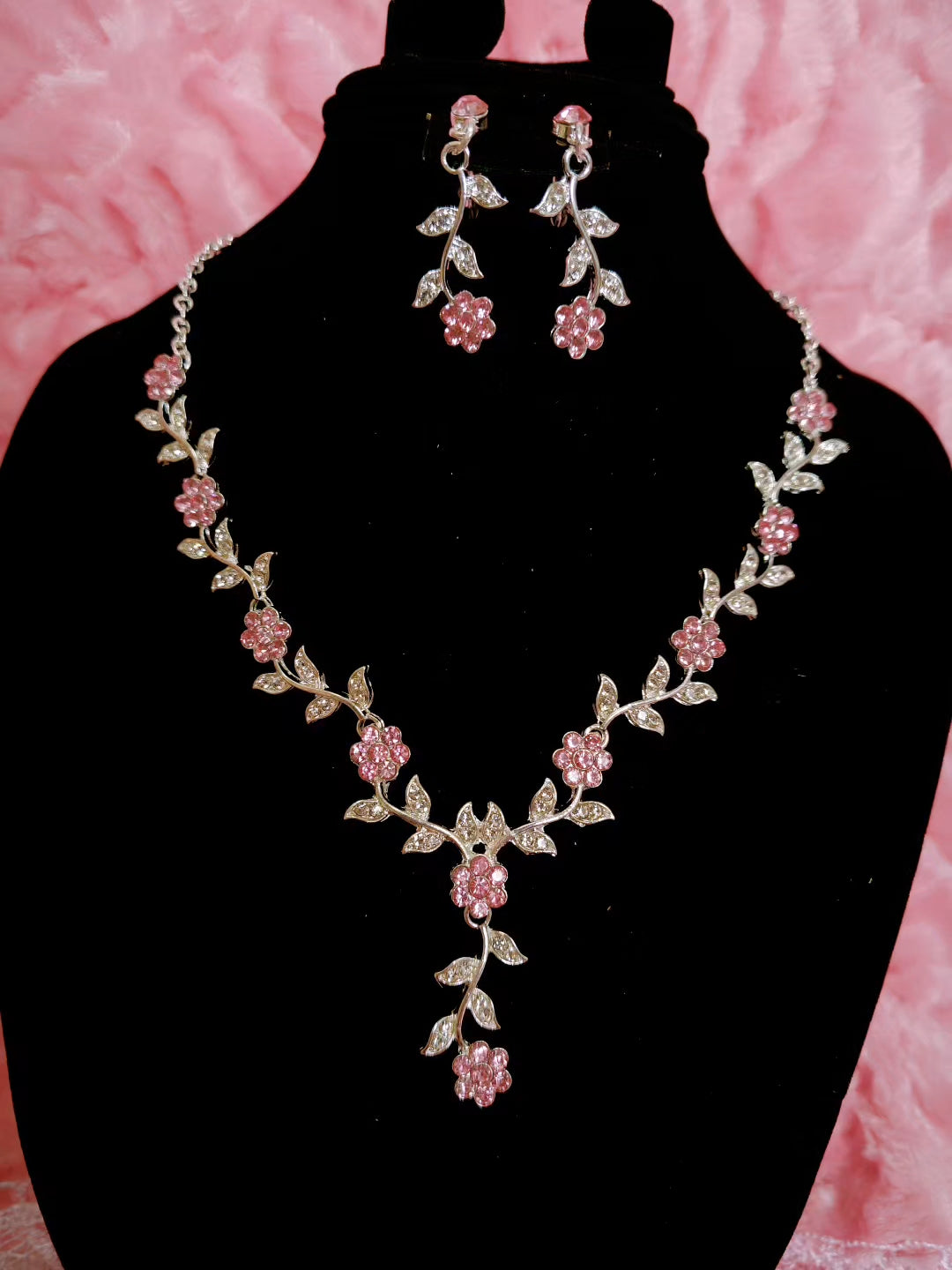 Silver Pink Gem & Crystal Floral Twig Necklace & Earring Set