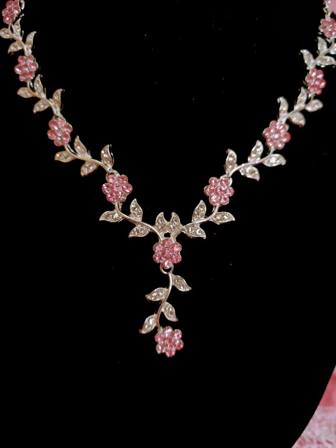 Silver Pink Gem & Crystal Floral Twig Necklace & Earring Set
