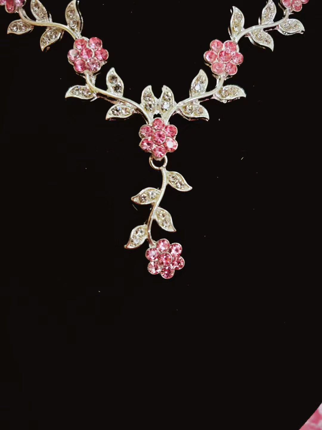Silver Pink Gem & Crystal Floral Twig Necklace & Earring Set
