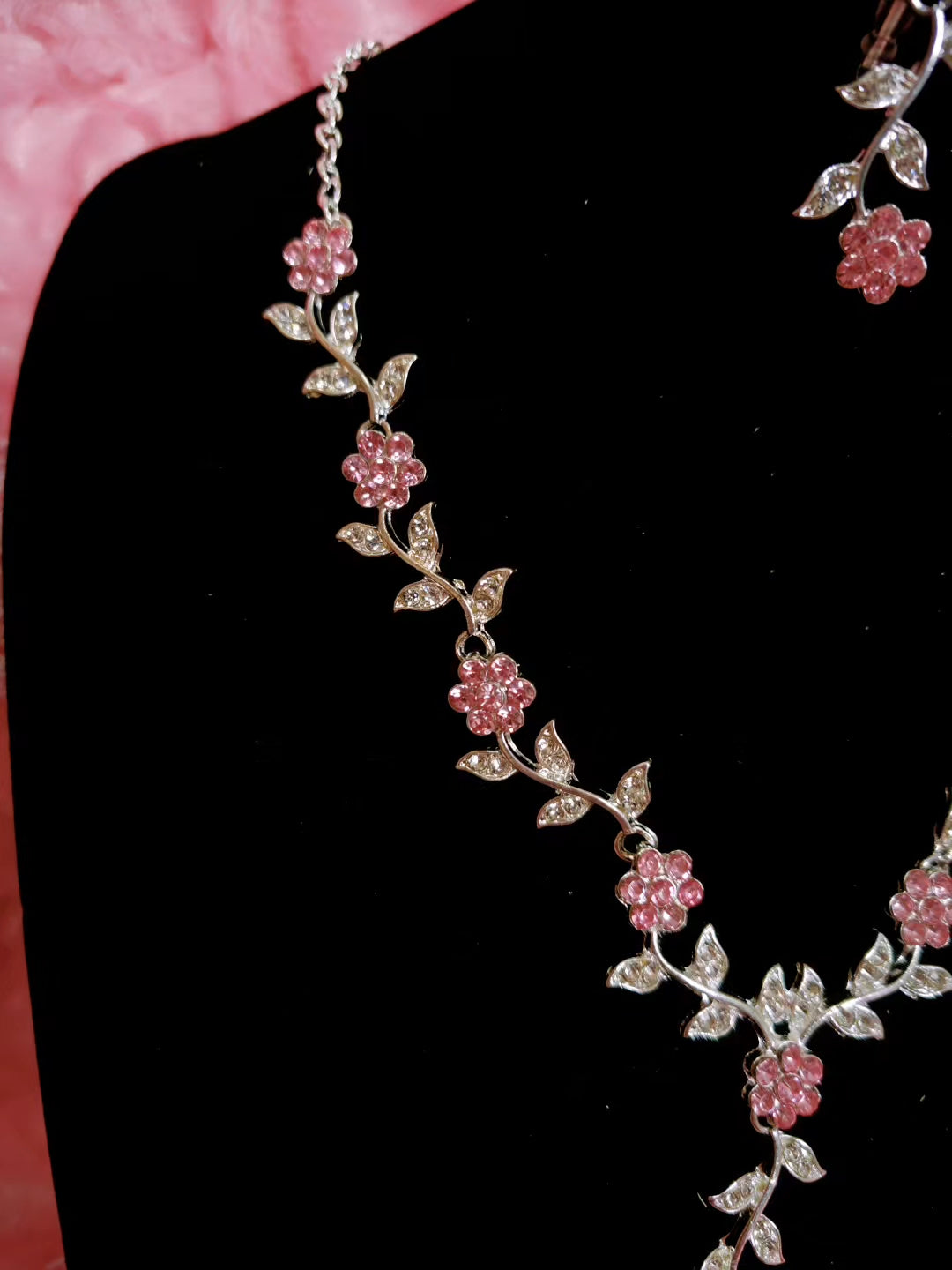 Silver Pink Gem & Crystal Floral Twig Necklace & Earring Set