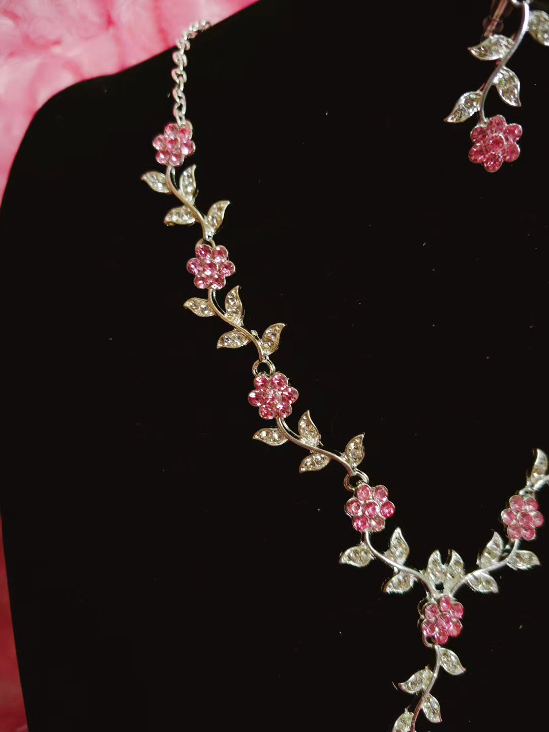 Silver Pink Gem & Crystal Floral Twig Necklace & Earring Set