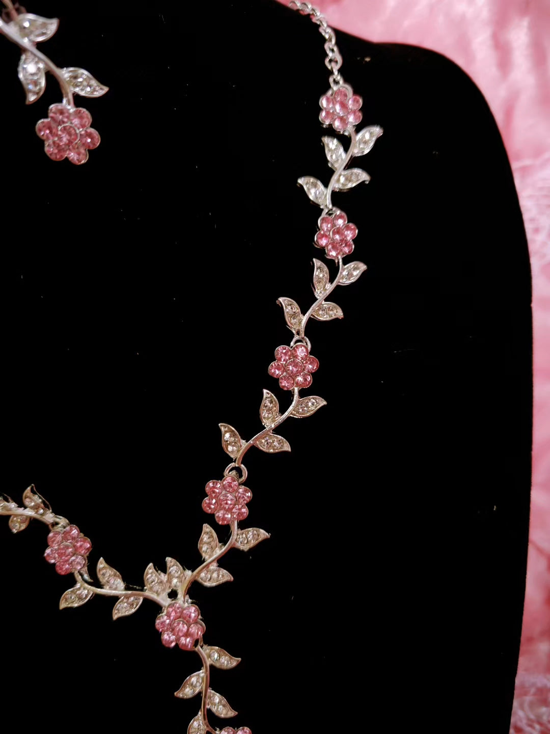 Silver Pink Gem & Crystal Floral Twig Necklace & Earring Set