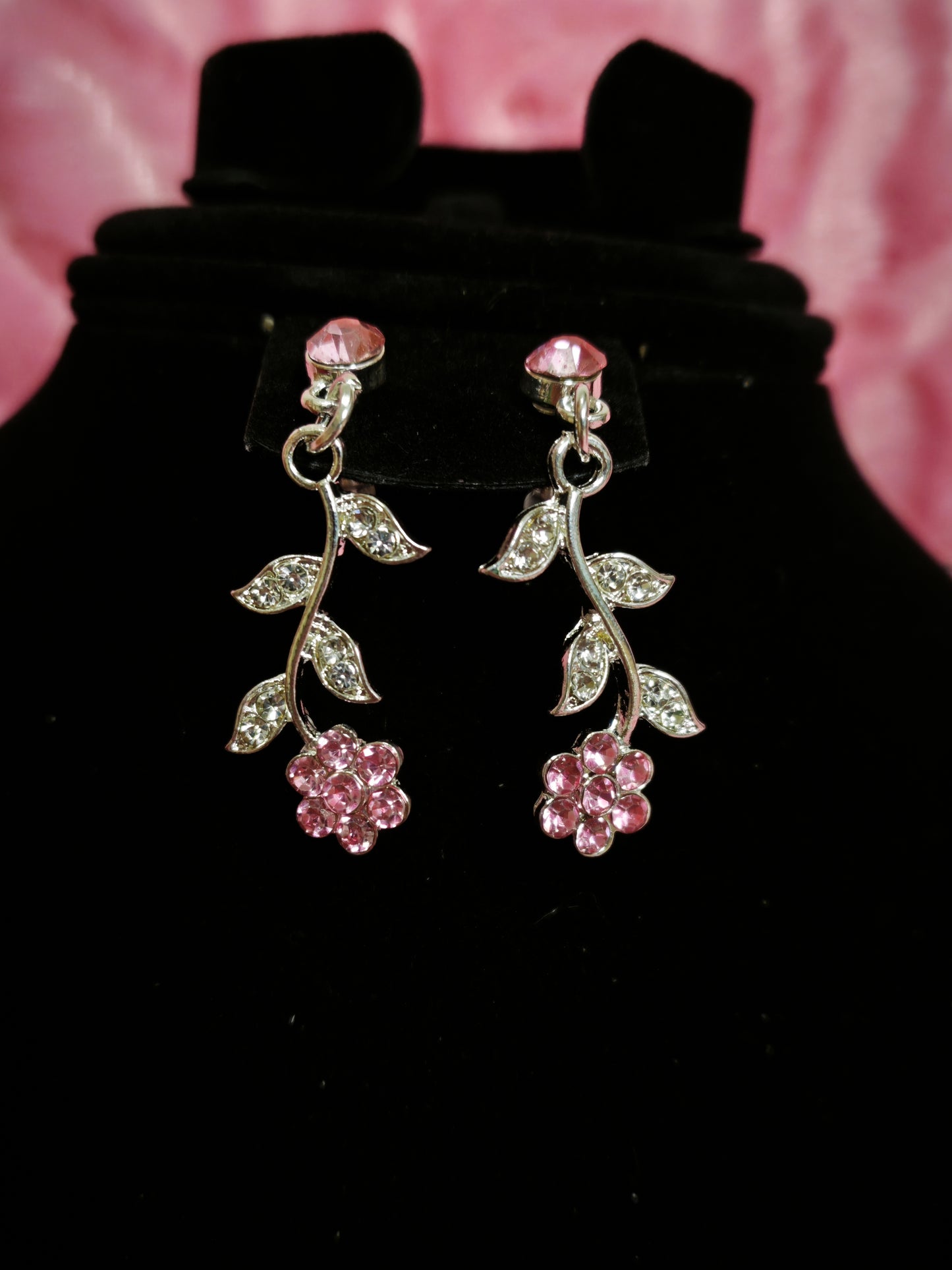 Silver Pink Gem & Crystal Floral Twig Necklace & Earring Set