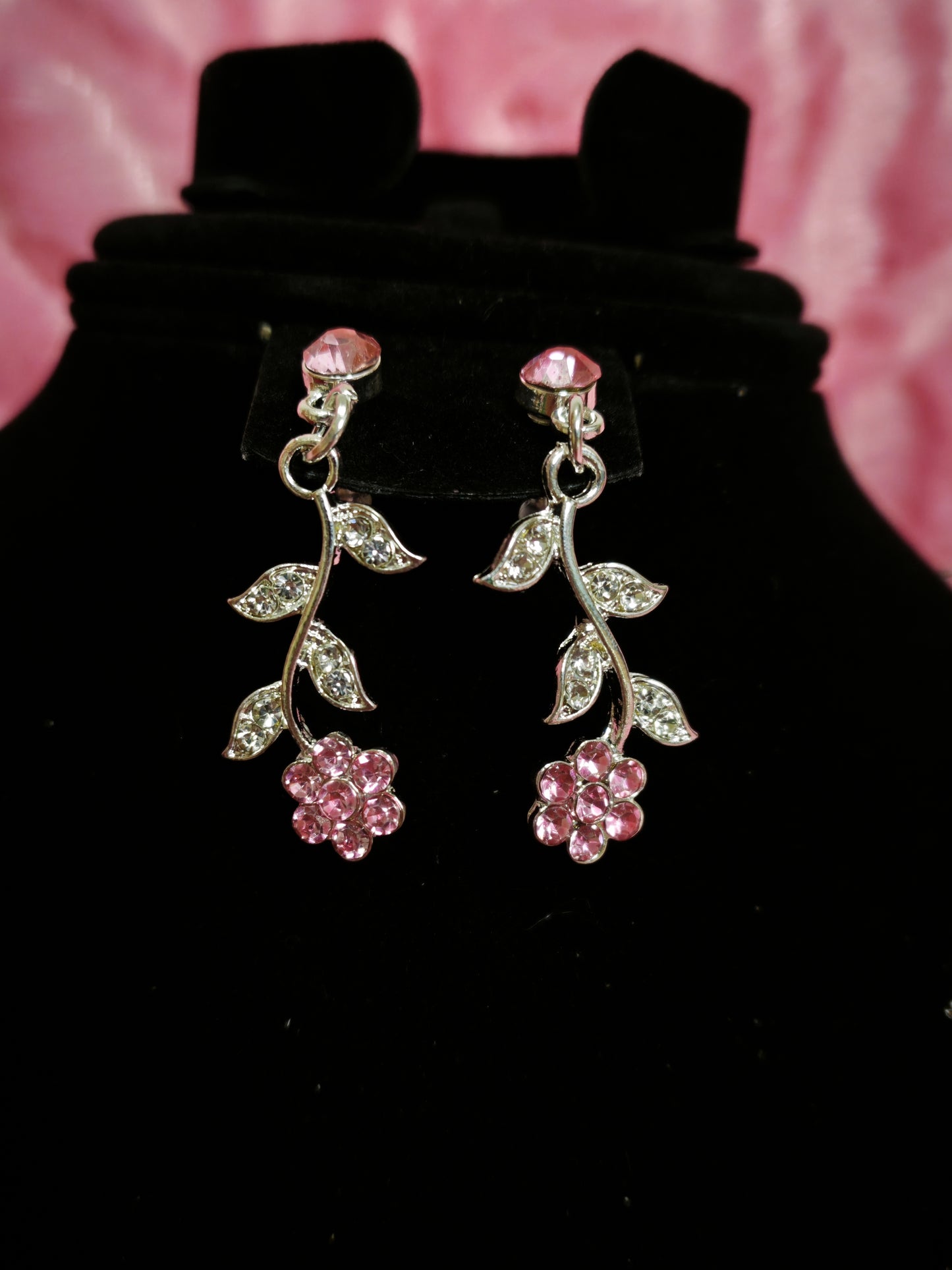 Silver Pink Gem & Crystal Floral Twig Necklace & Earring Set