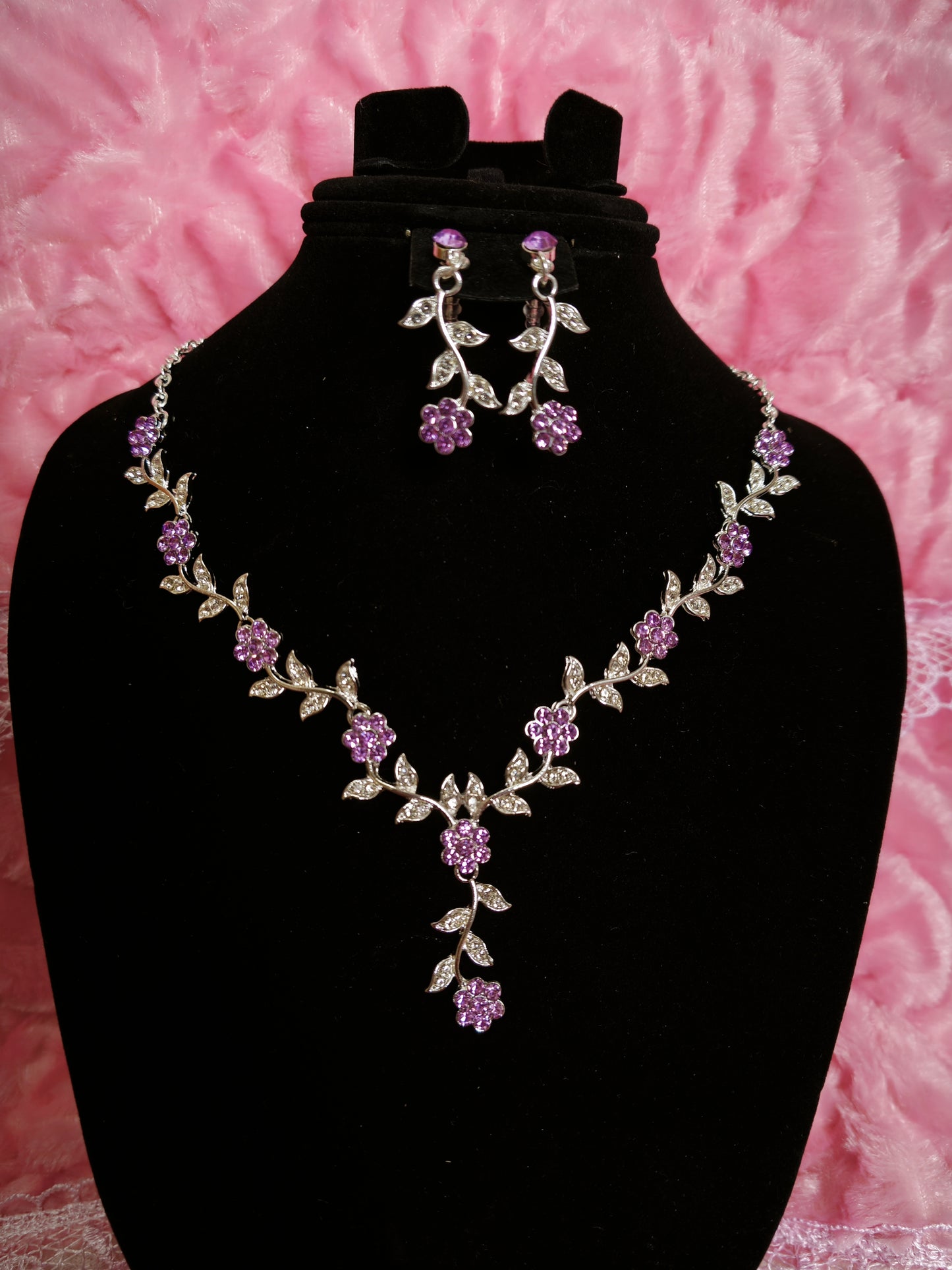 Silver Amethyst & Crystal Floral Twig Necklace & Earring Set