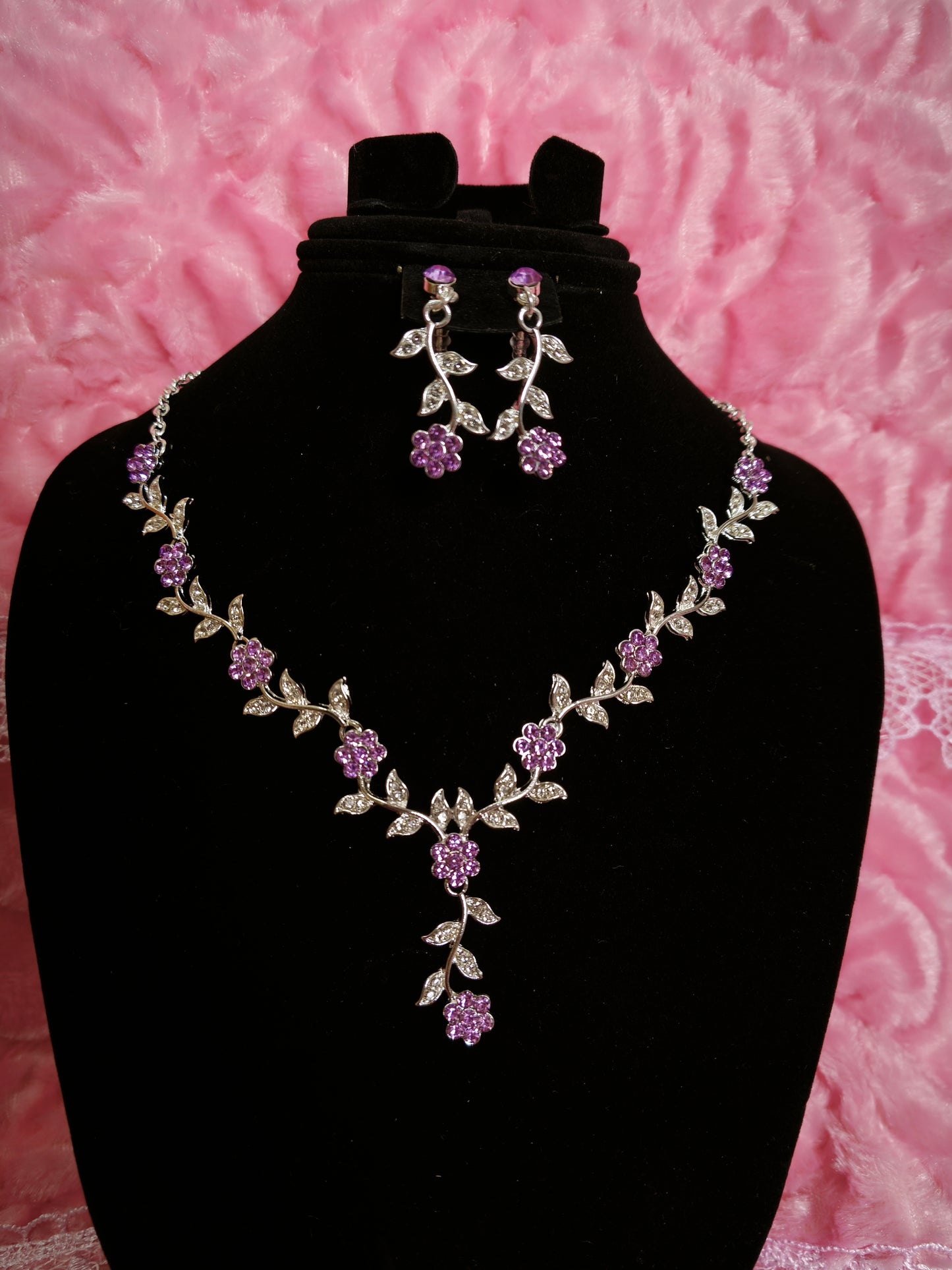 Silver Amethyst & Crystal Floral Twig Necklace & Earring Set