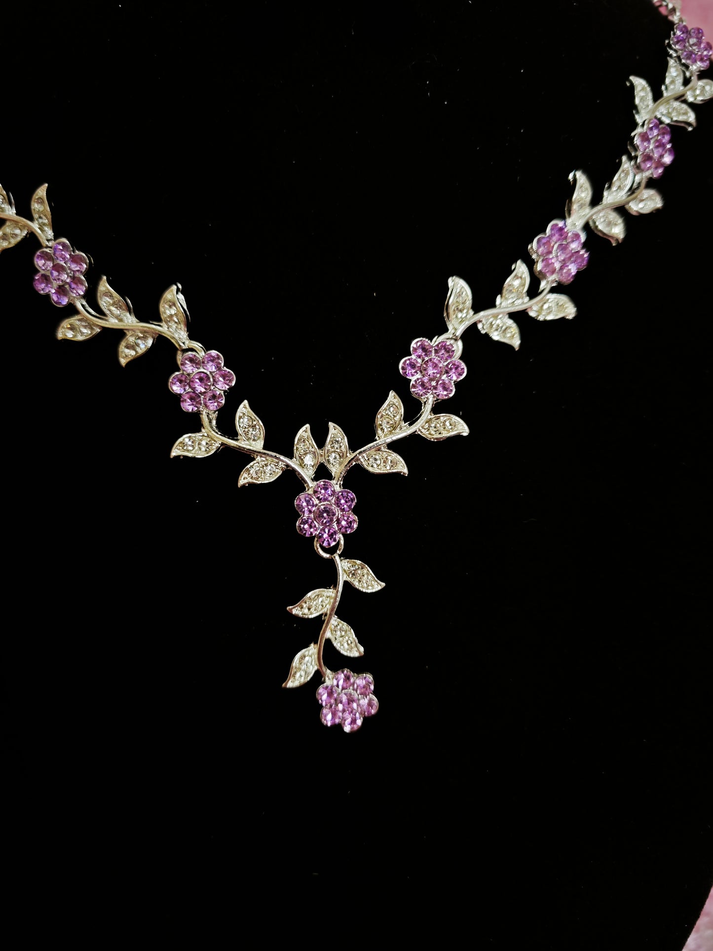 Silver Amethyst & Crystal Floral Twig Necklace & Earring Set