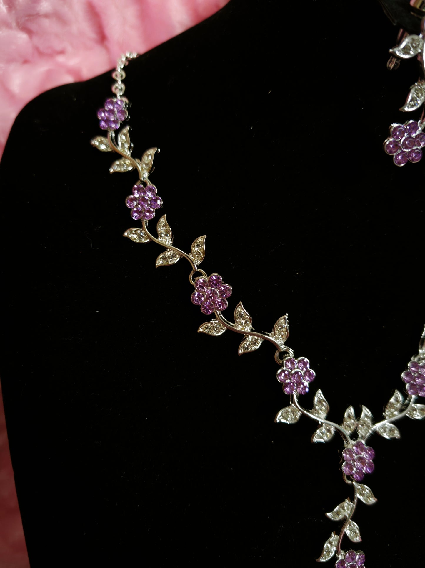 Silver Amethyst & Crystal Floral Twig Necklace & Earring Set