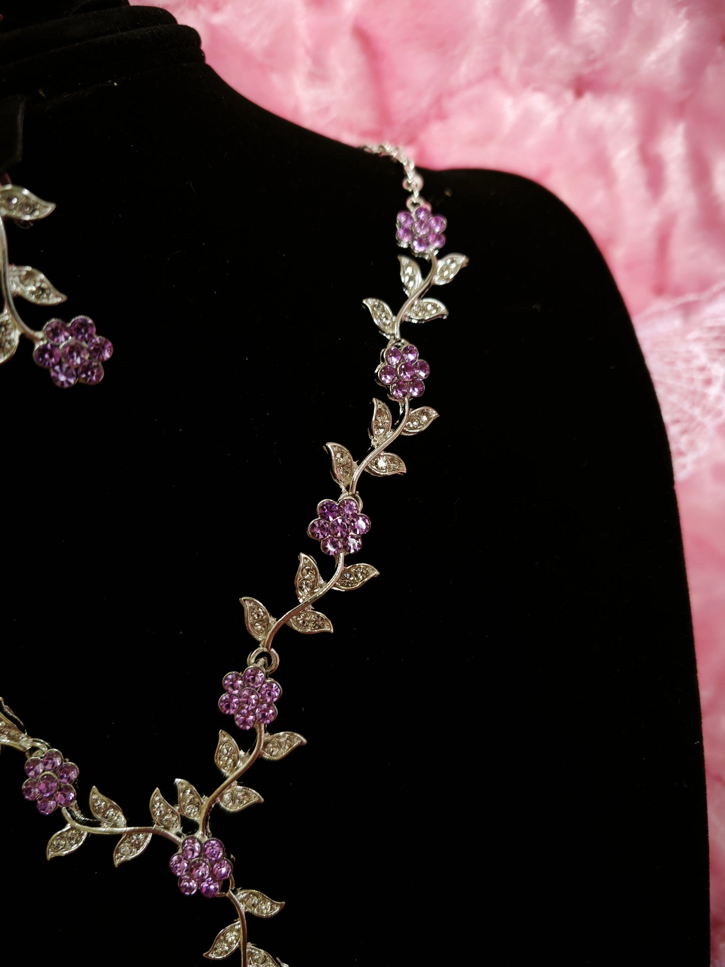 Silver Amethyst & Crystal Floral Twig Necklace & Earring Set
