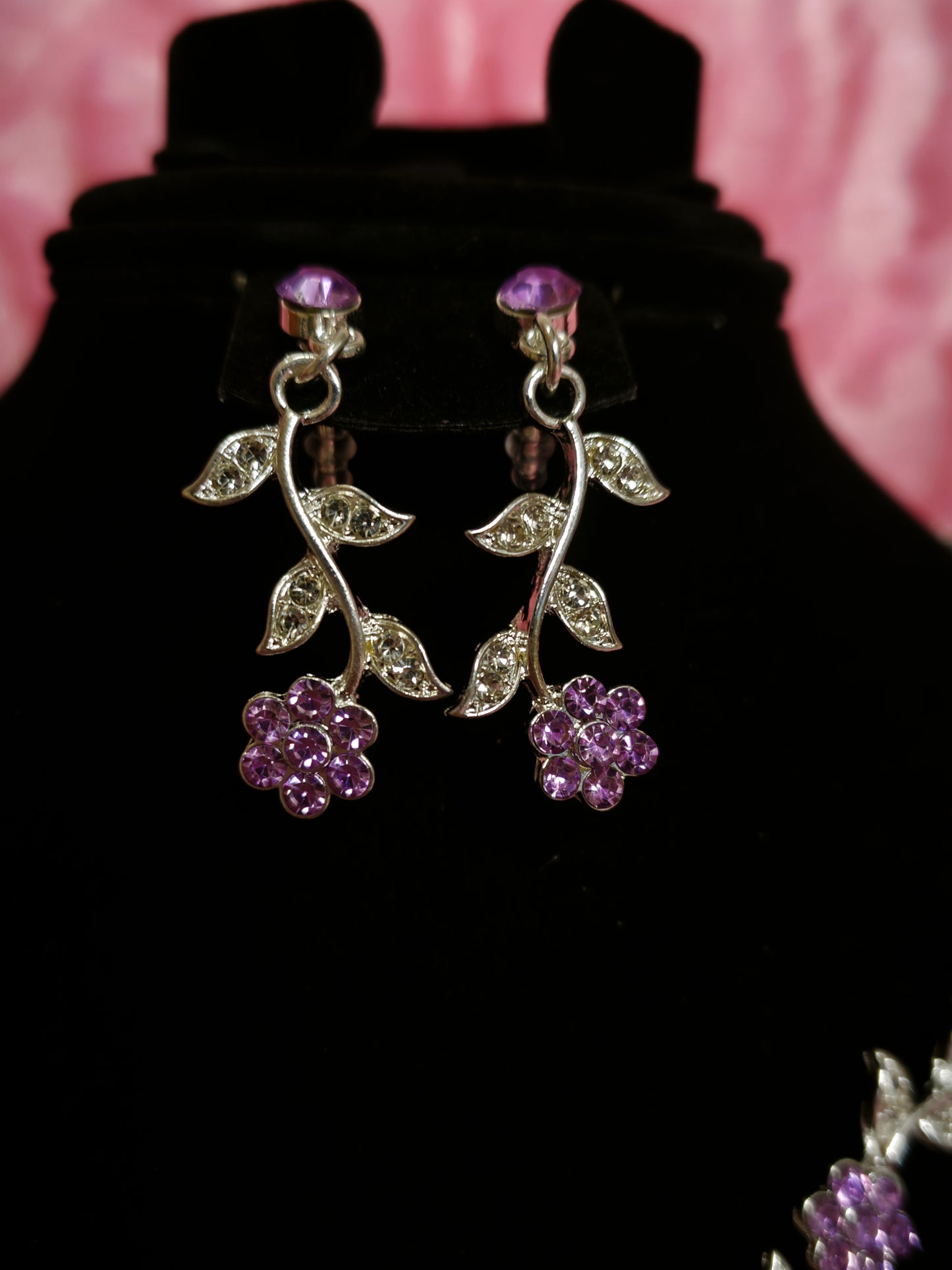 Silver Amethyst & Crystal Floral Twig Necklace & Earring Set