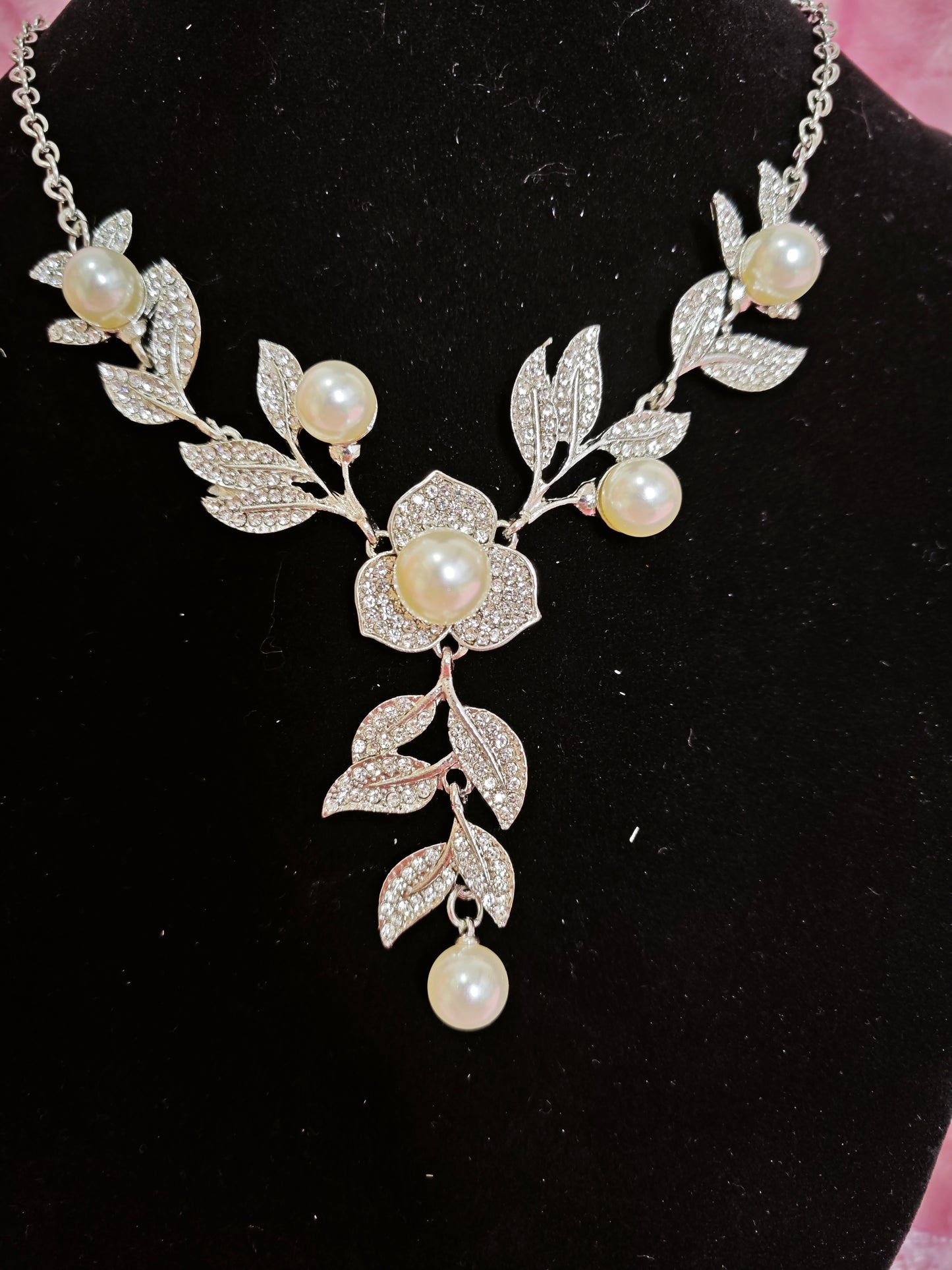 Silver Pearl & Crystal Leaf-Flower Necklace & Earring Set