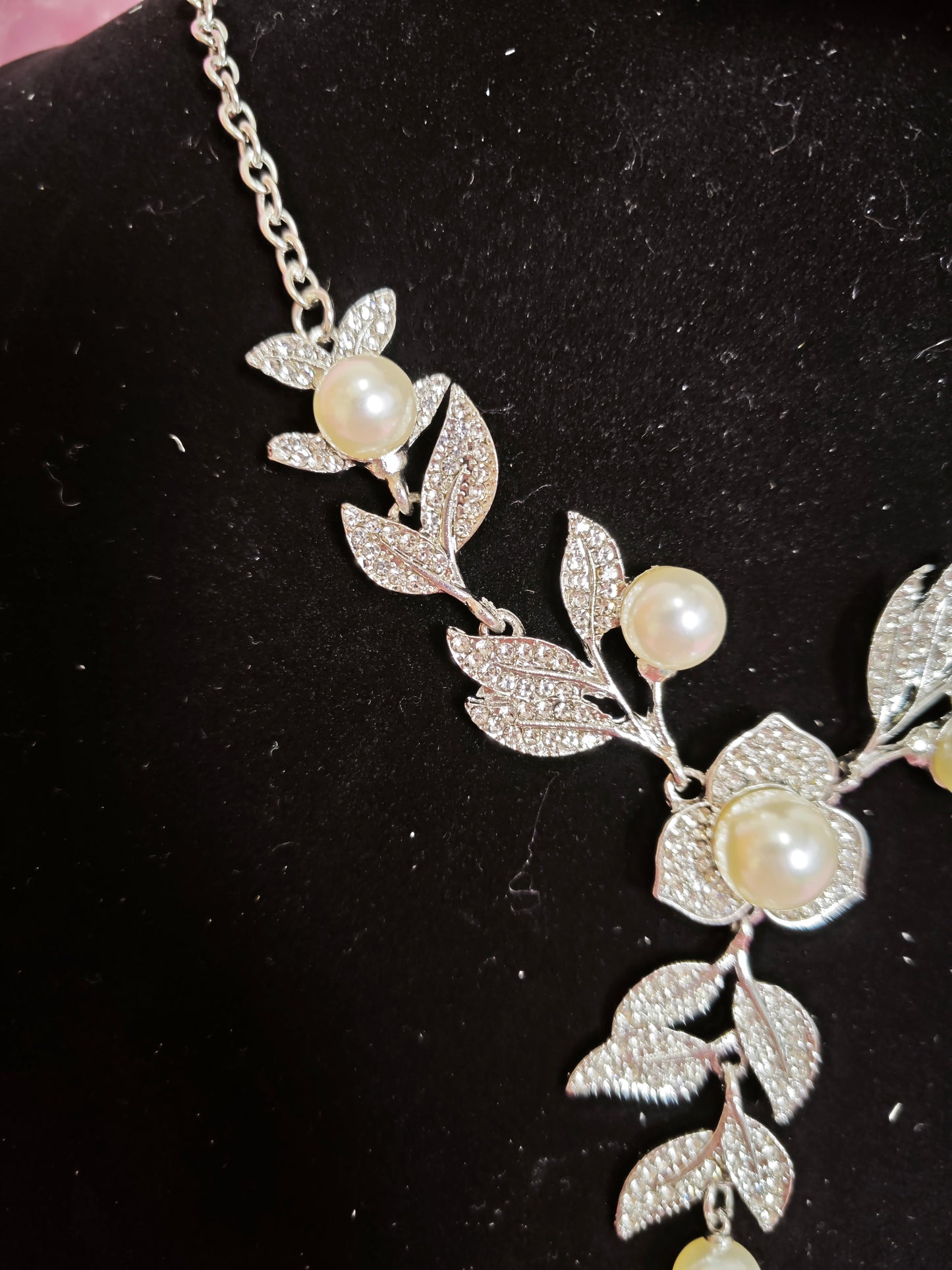 Silver Pearl & Crystal Leaf-Flower Necklace & Earring Set
