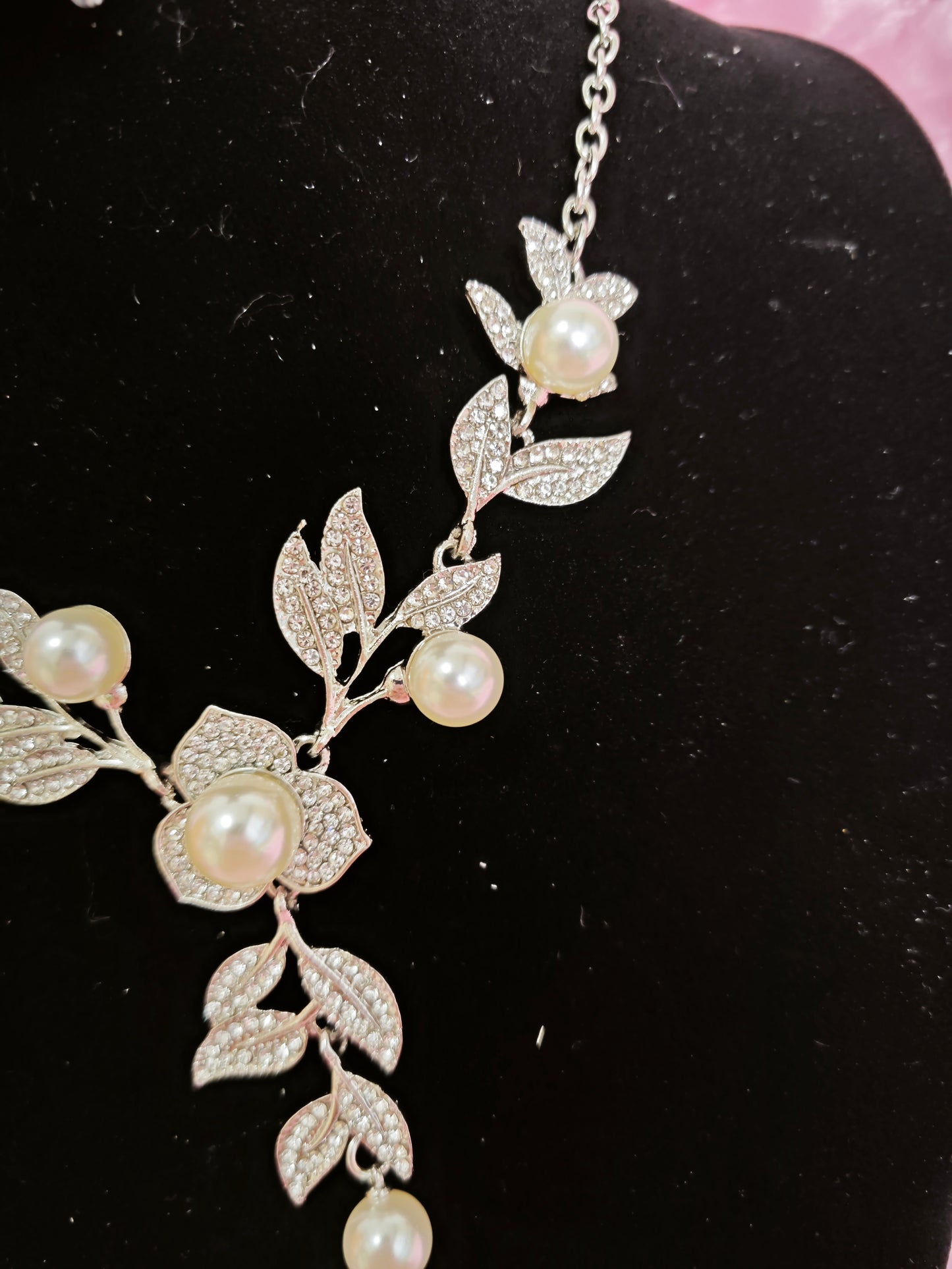 Silver Pearl & Crystal Leaf-Flower Necklace & Earring Set