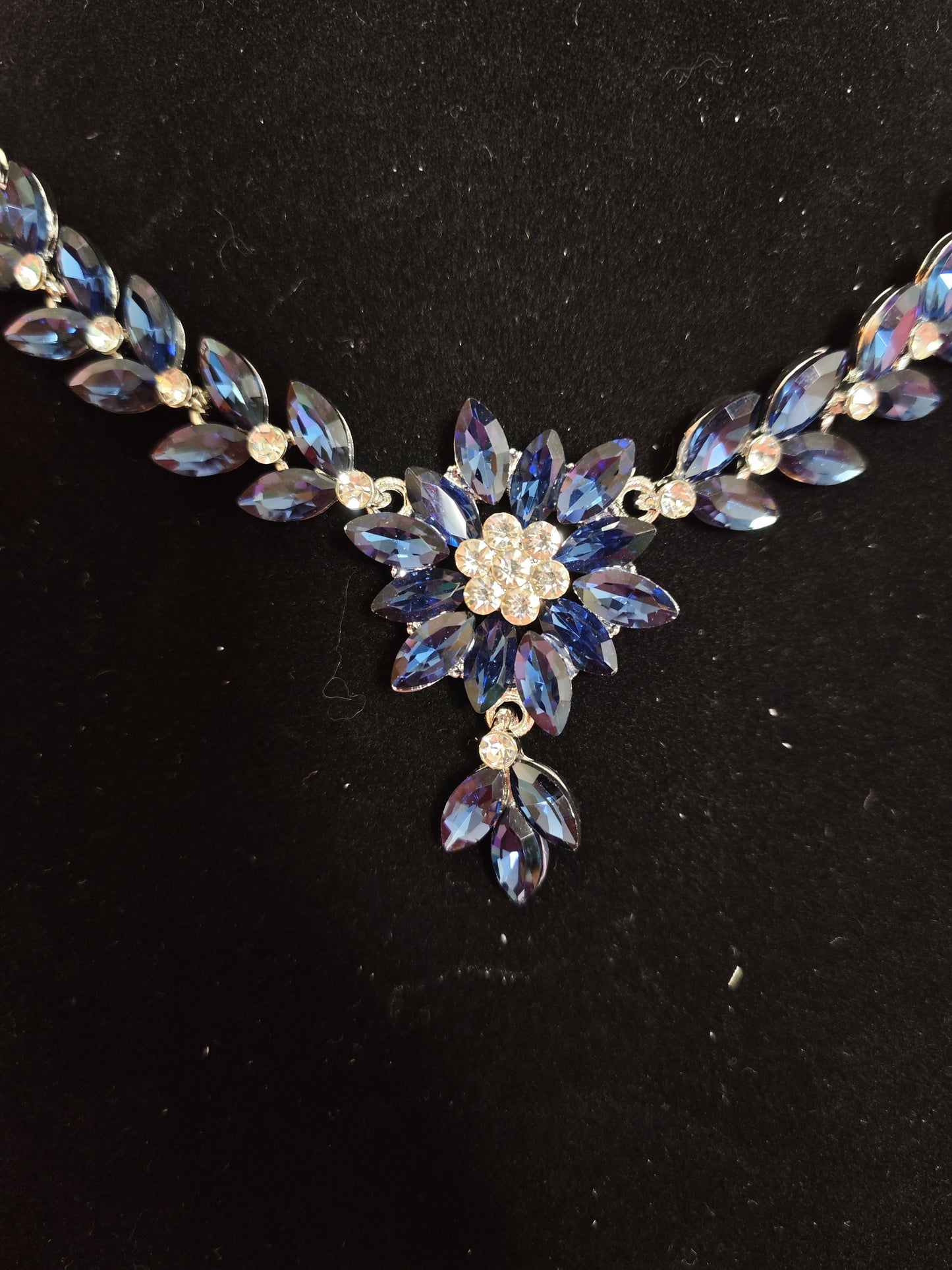 Elegant Blue Crystal Flower Vine Statement Jewelry Set