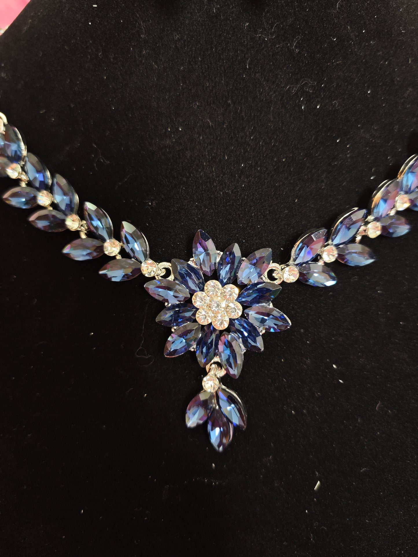 Elegant Blue Crystal Flower Vine Statement Jewelry Set