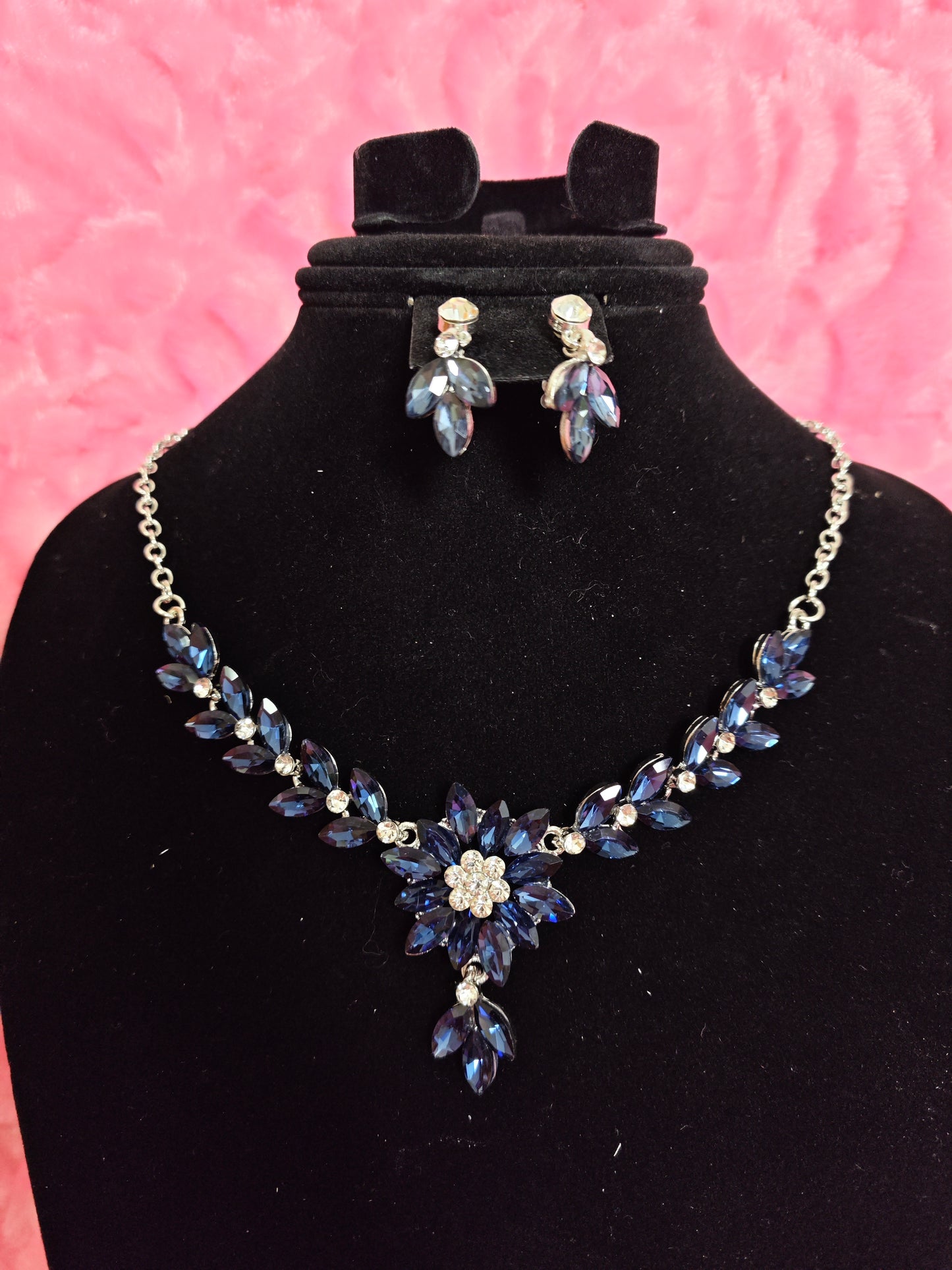 Elegant Blue Crystal Flower Vine Statement Jewelry Set
