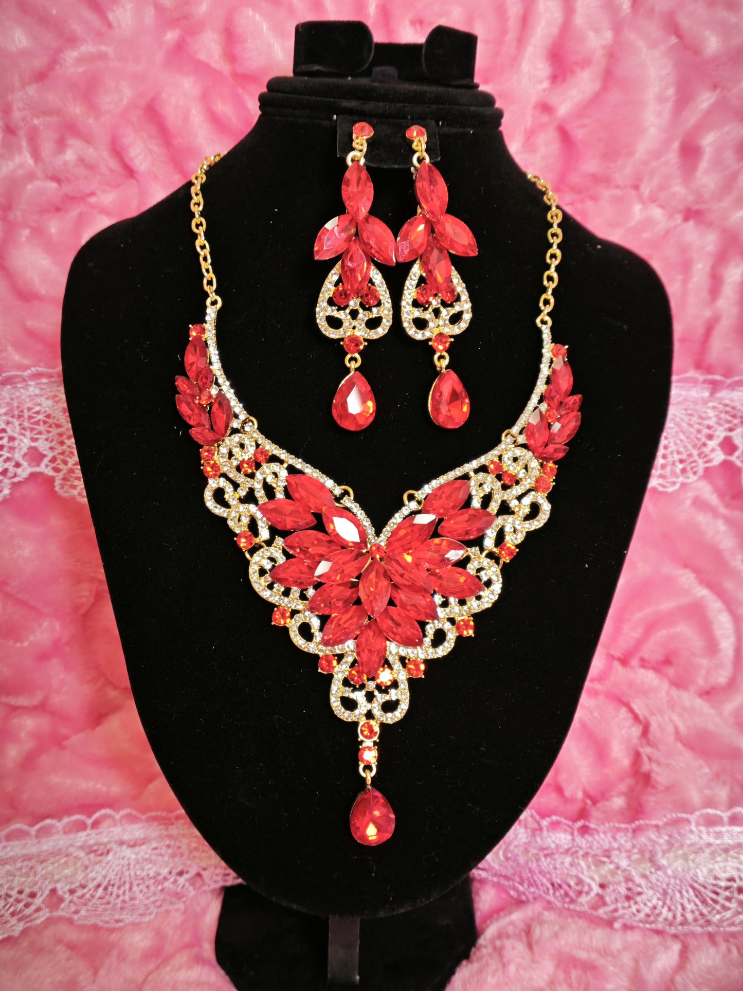 Gilded Red Crystal & Diamond Floral Necklace & Earring Set