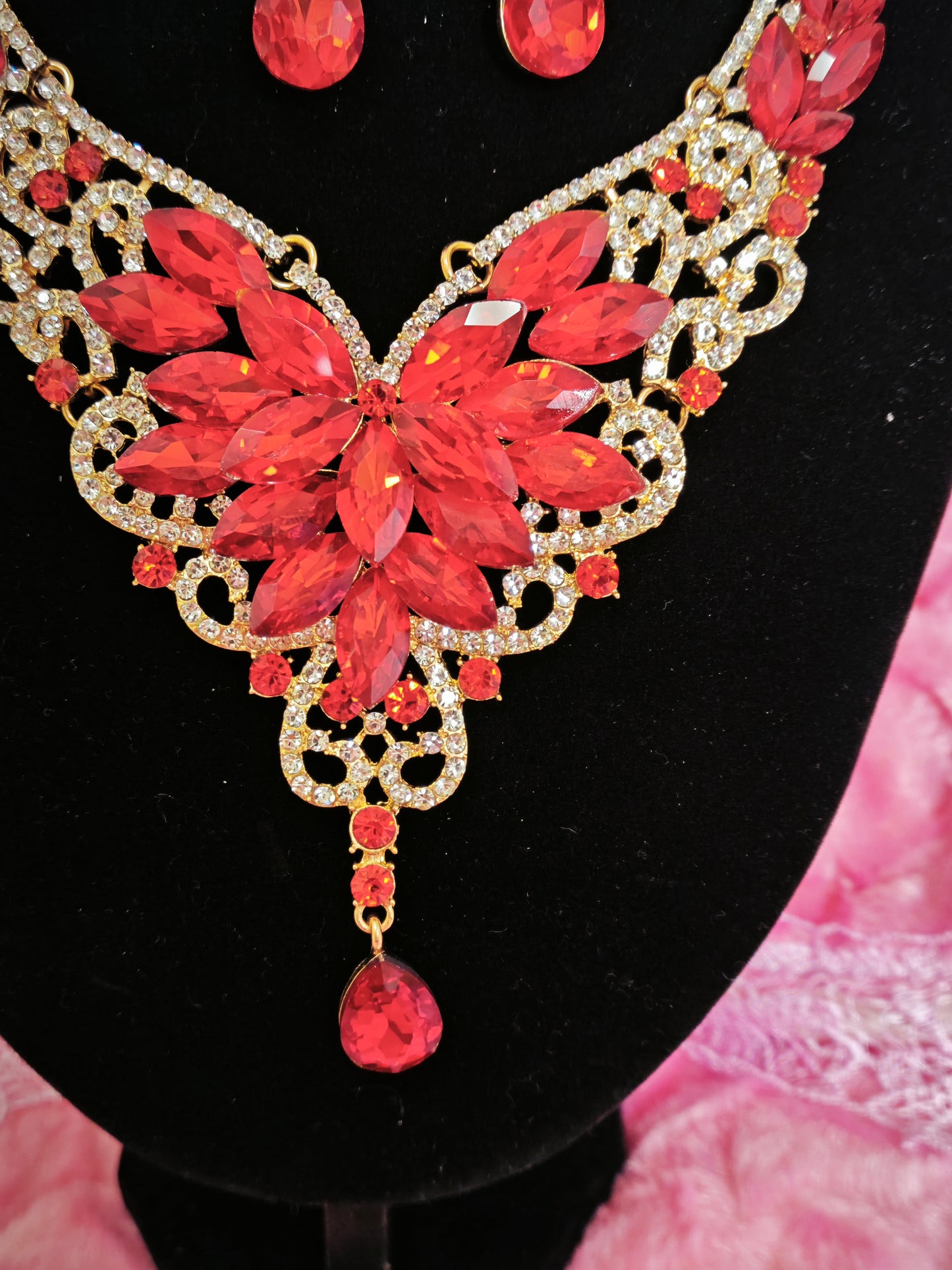 Gilded Red Crystal & Diamond Floral Necklace & Earring Set