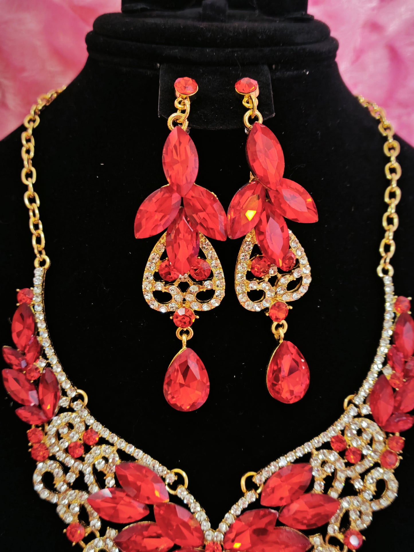 Gilded Red Crystal & Diamond Floral Necklace & Earring Set