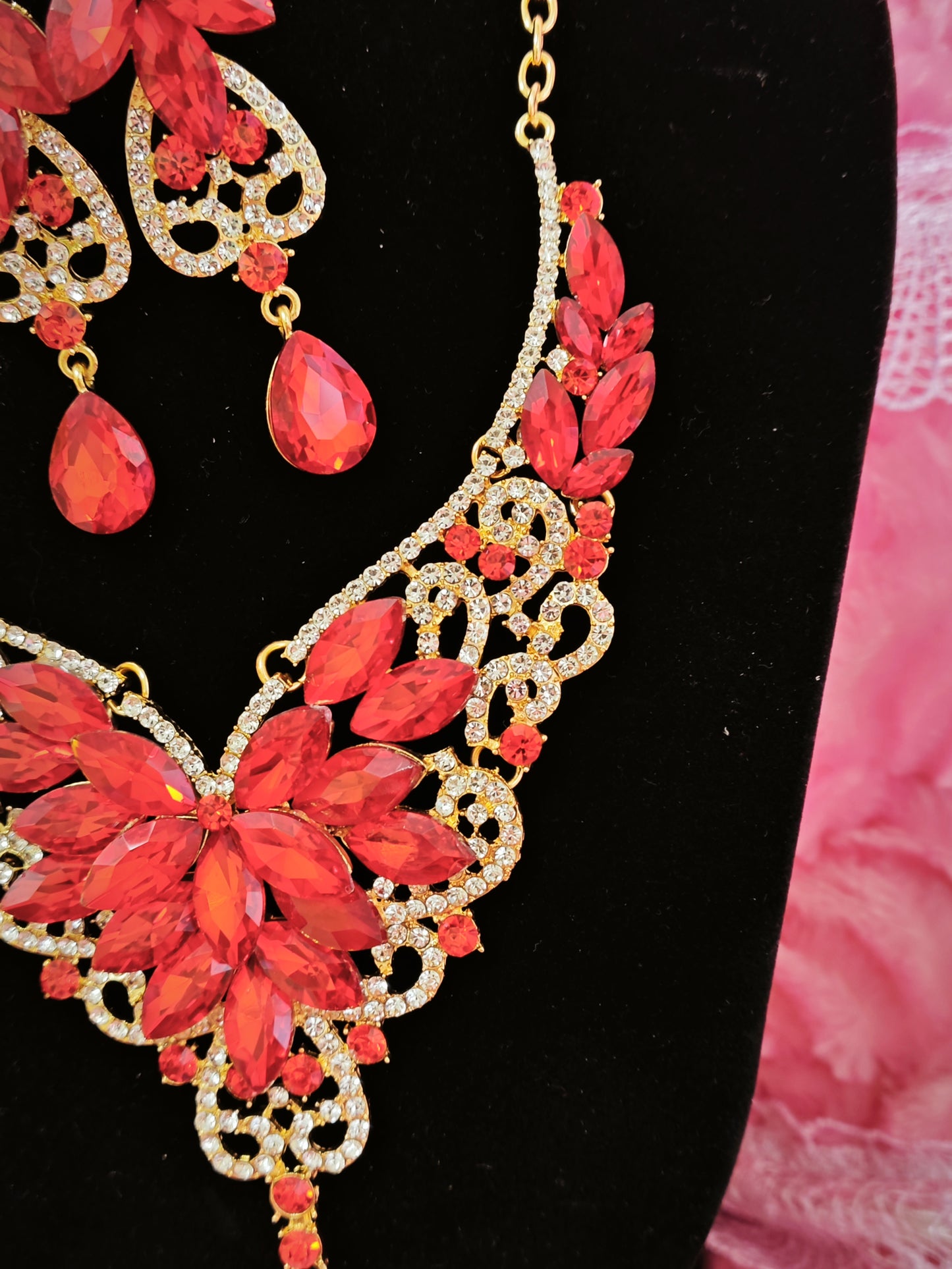 Gilded Red Crystal & Diamond Floral Necklace & Earring Set