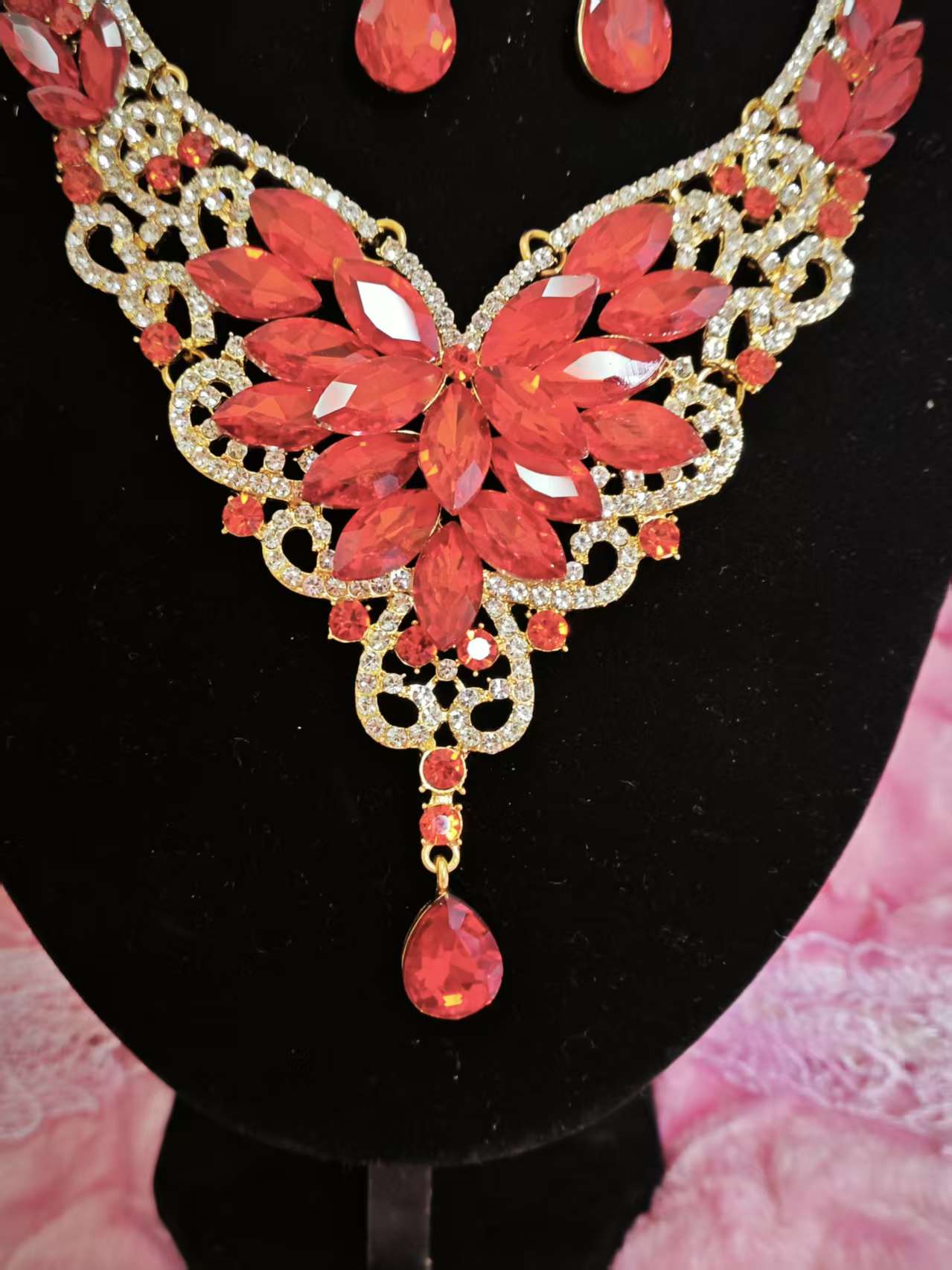 Gilded Red Crystal & Diamond Floral Necklace & Earring Set