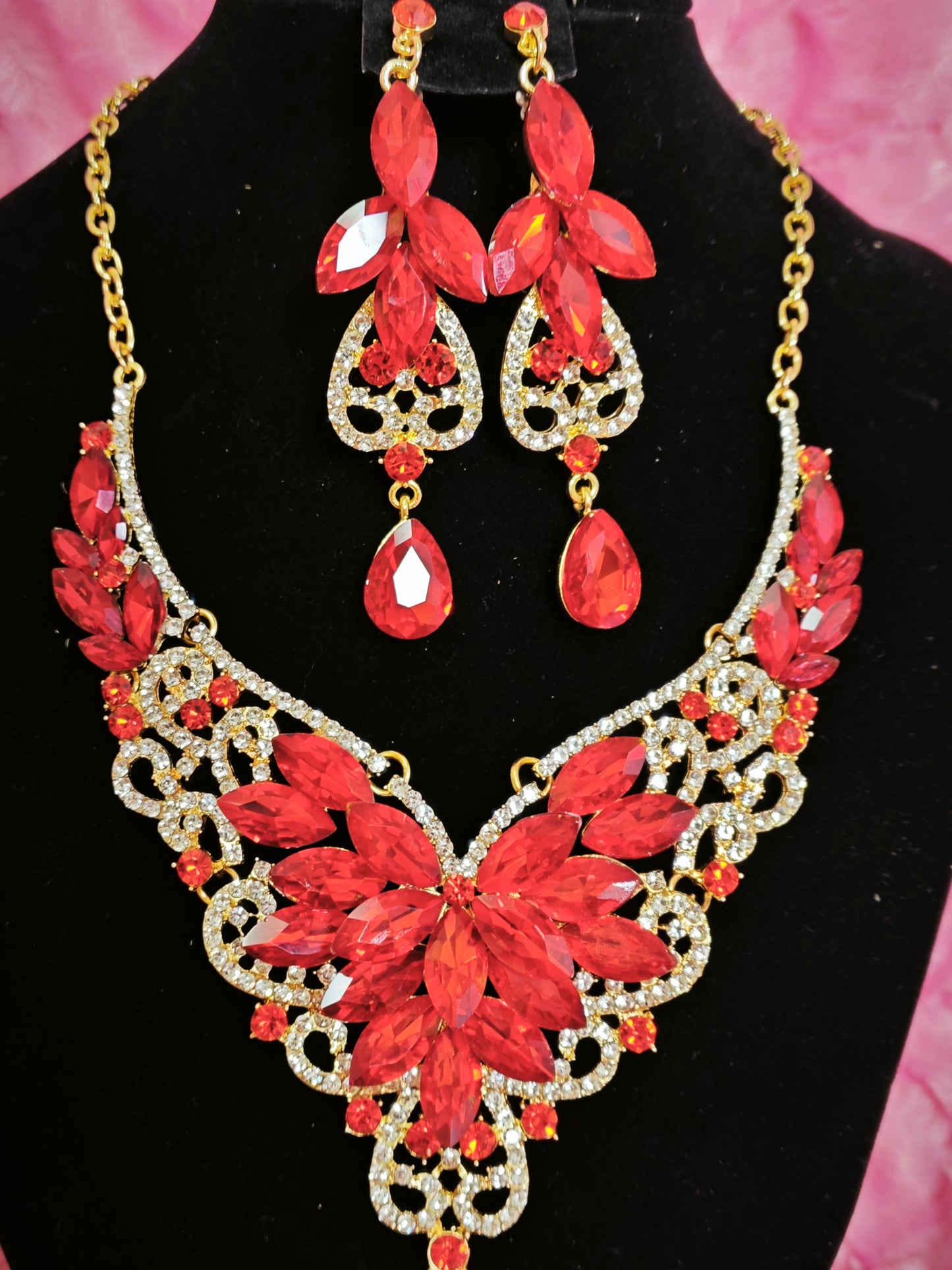 Gilded Red Crystal & Diamond Floral Necklace & Earring Set