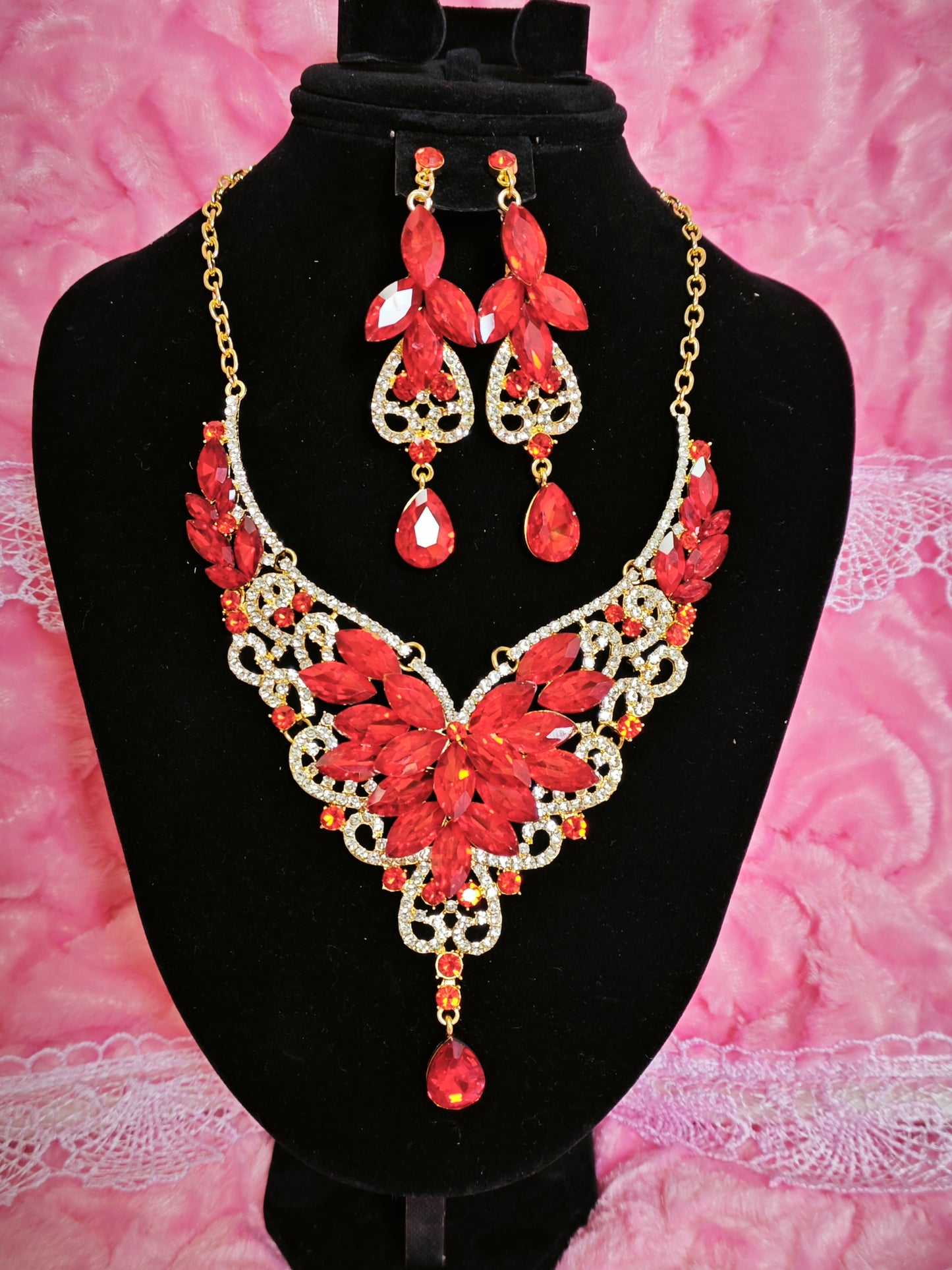 Gilded Red Crystal & Diamond Floral Necklace & Earring Set