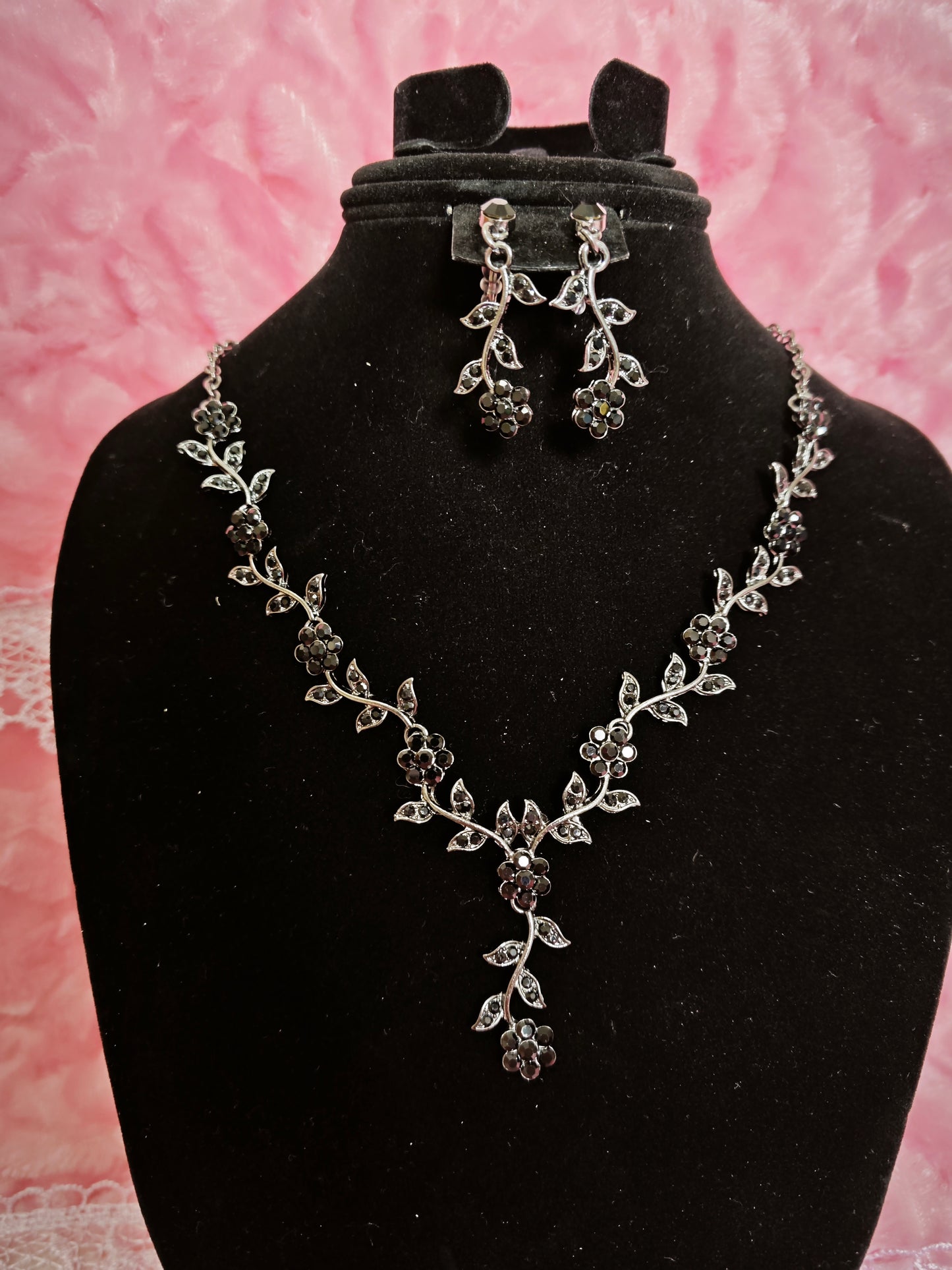 Mysterious Black Crystal Flower Vine Statement Jewelry Set
