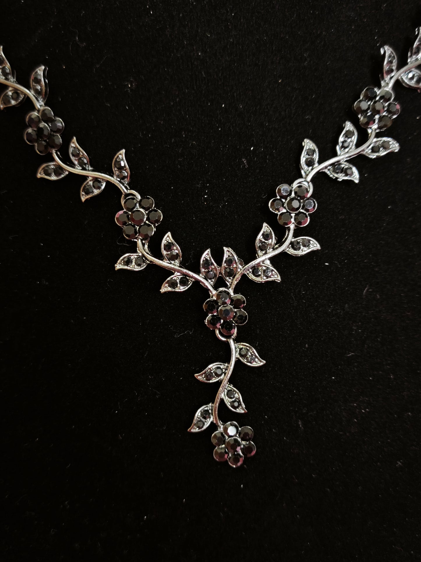 Mysterious Black Crystal Flower Vine Statement Jewelry Set