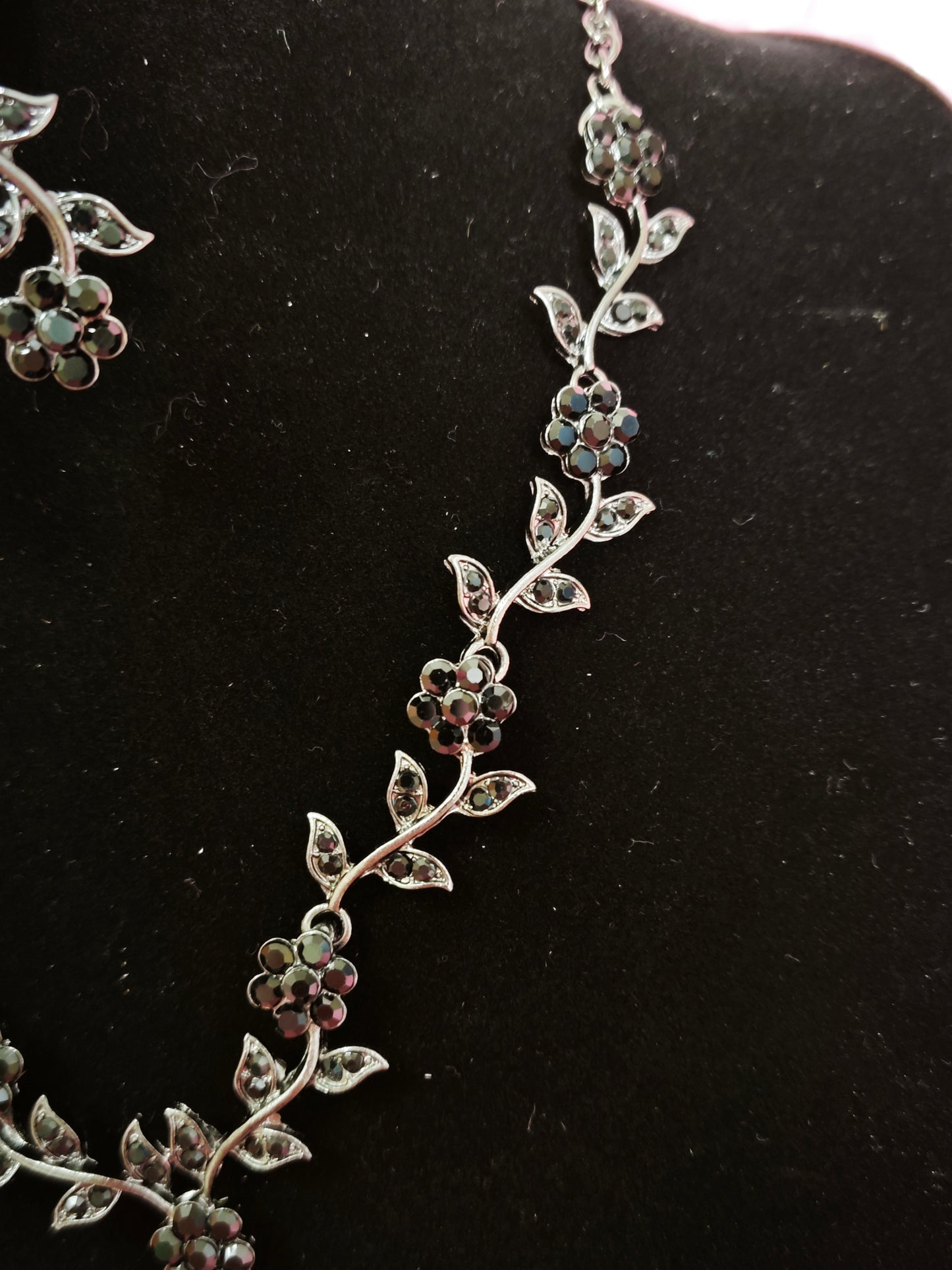 Mysterious Black Crystal Flower Vine Statement Jewelry Set