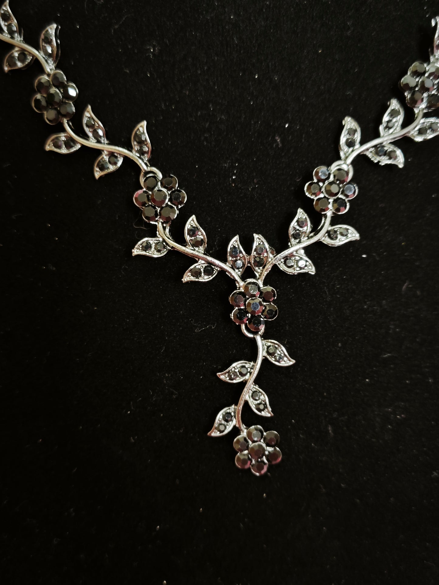 Mysterious Black Crystal Flower Vine Statement Jewelry Set