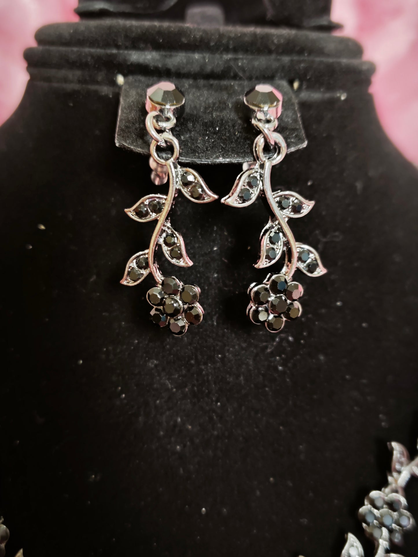 Mysterious Black Crystal Flower Vine Statement Jewelry Set