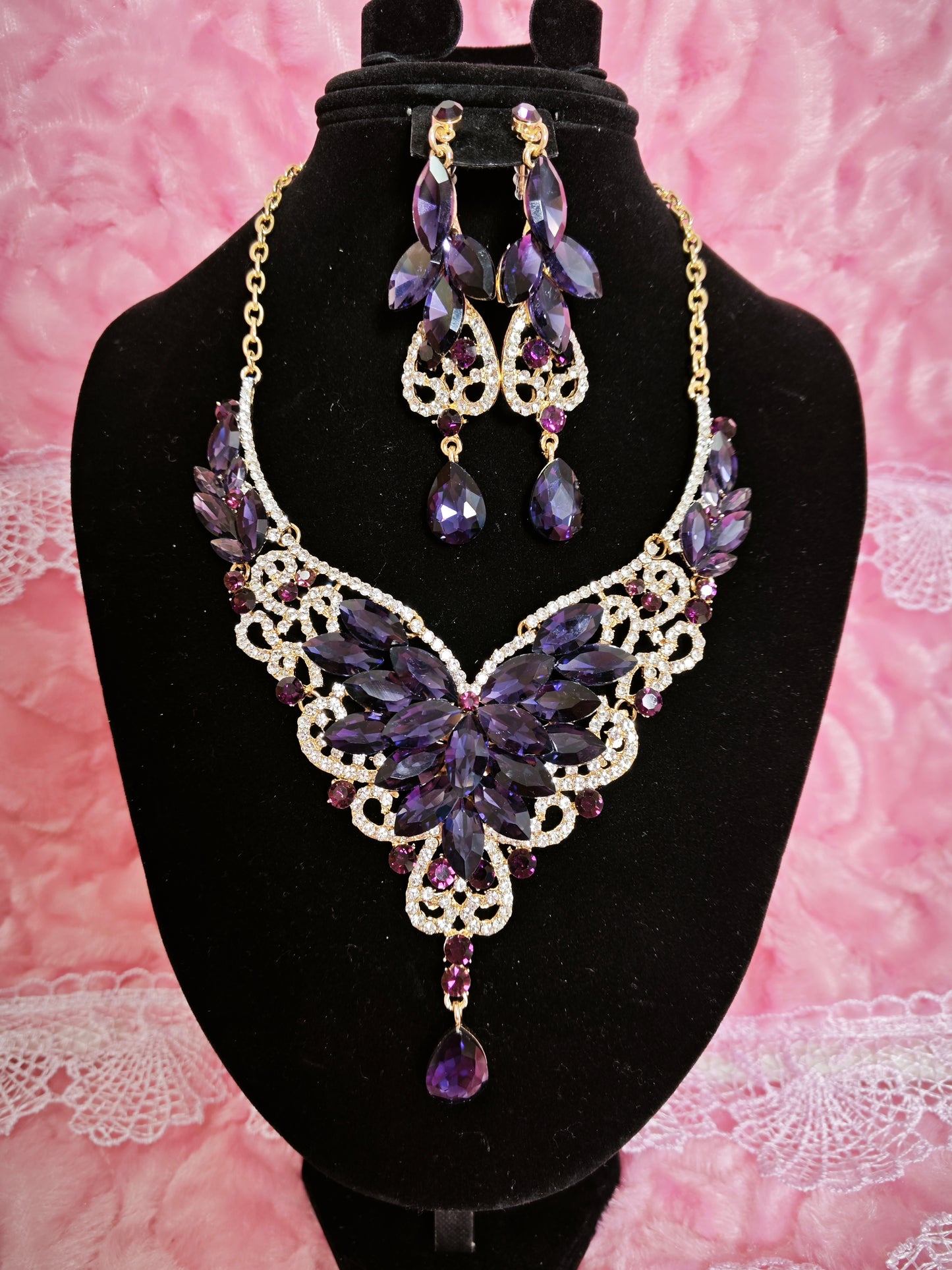 Gilded Amethyst & Crystal Floral Necklace & Earring Set
